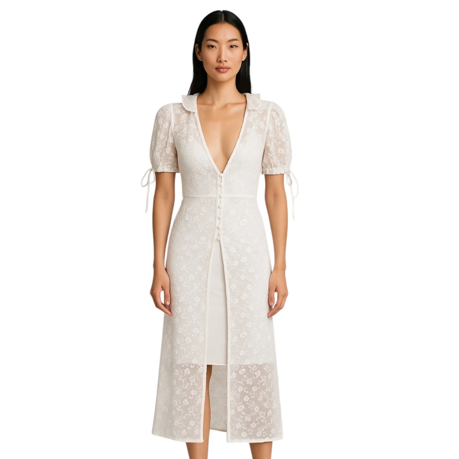 Majorelle White Floral Lace Short Sleeve Plunge Ruffle Sheer Midi Dress XS - Image 2