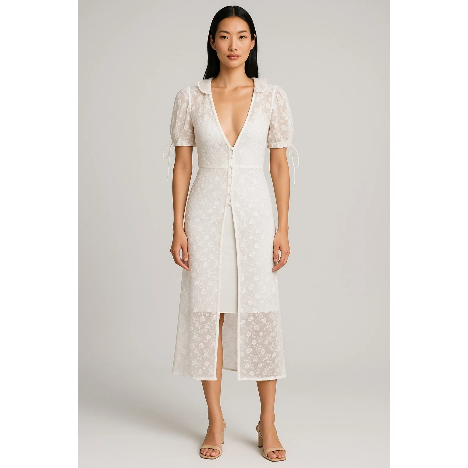 Majorelle White Floral Lace Short Sleeve Plunge Ruffle Sheer Midi Dress XS - Image 3