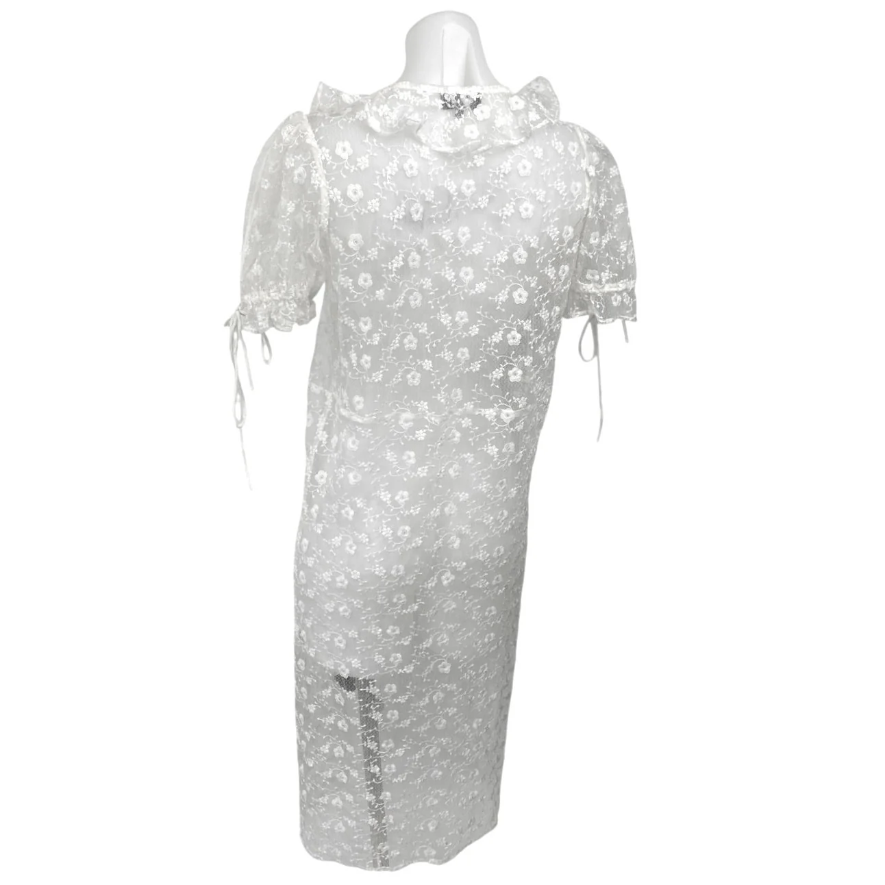 Majorelle White Floral Lace Short Sleeve Plunge Ruffle Sheer Midi Dress XS - Image 4