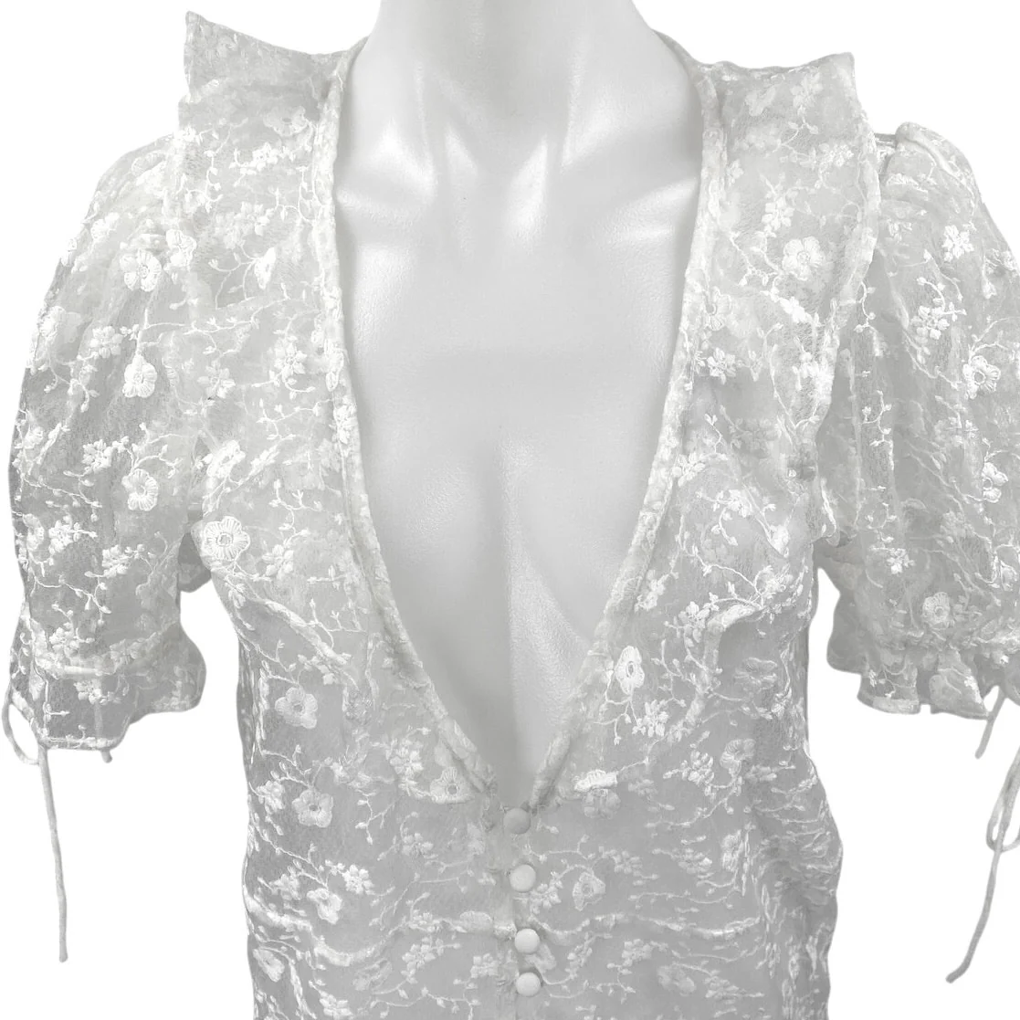 Majorelle White Floral Lace Short Sleeve Plunge Ruffle Sheer Midi Dress XS - Image 5