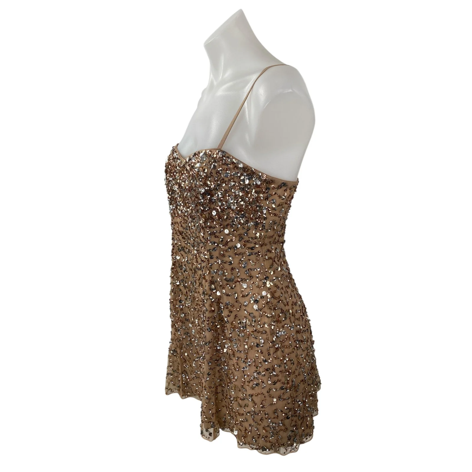 Majorelle Women's Tan Sequin Sparkly Sweetheart Cami Tank Mini A Line Dress M - Image 2