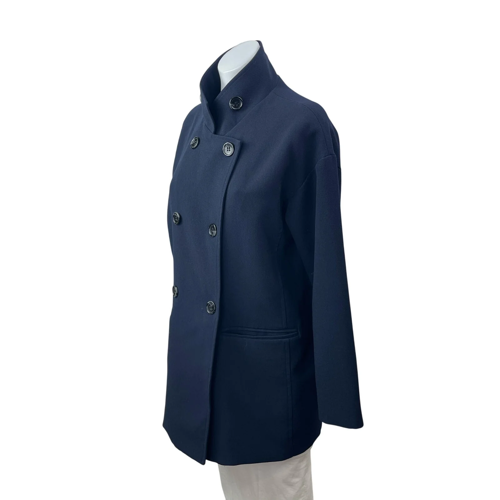 Makmaks Womens Navy Blue Double Breasted Collared Long Sleeve Pea Coat Jacket OS - Image 3