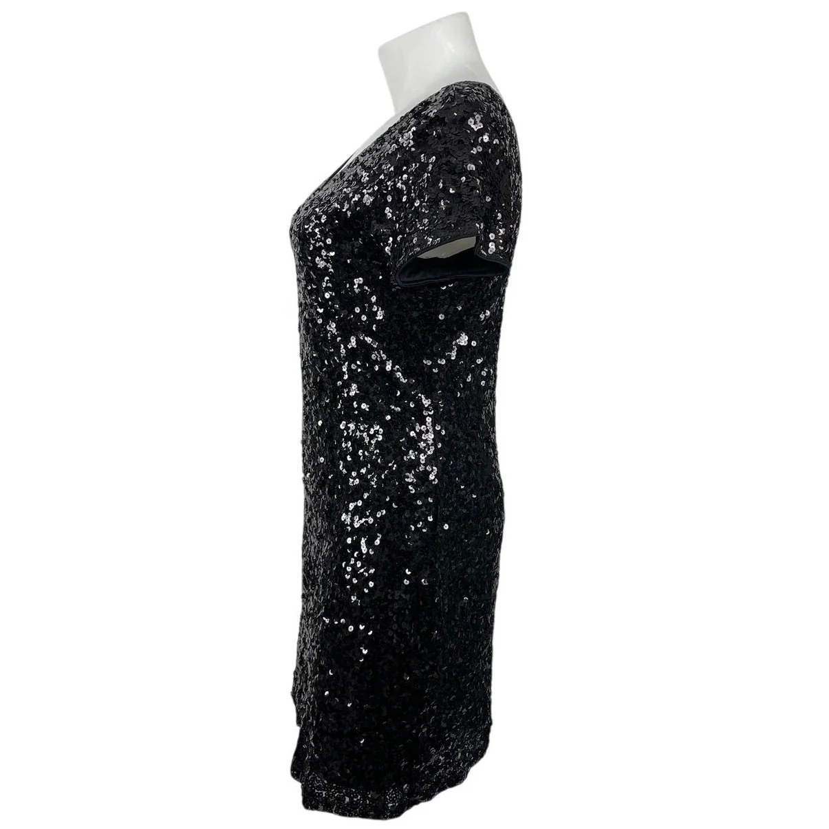 Maner Women's Black Sequin V Neck Short Sleeve Mini Sheath Bodycon Dress Sz XL - Image 3