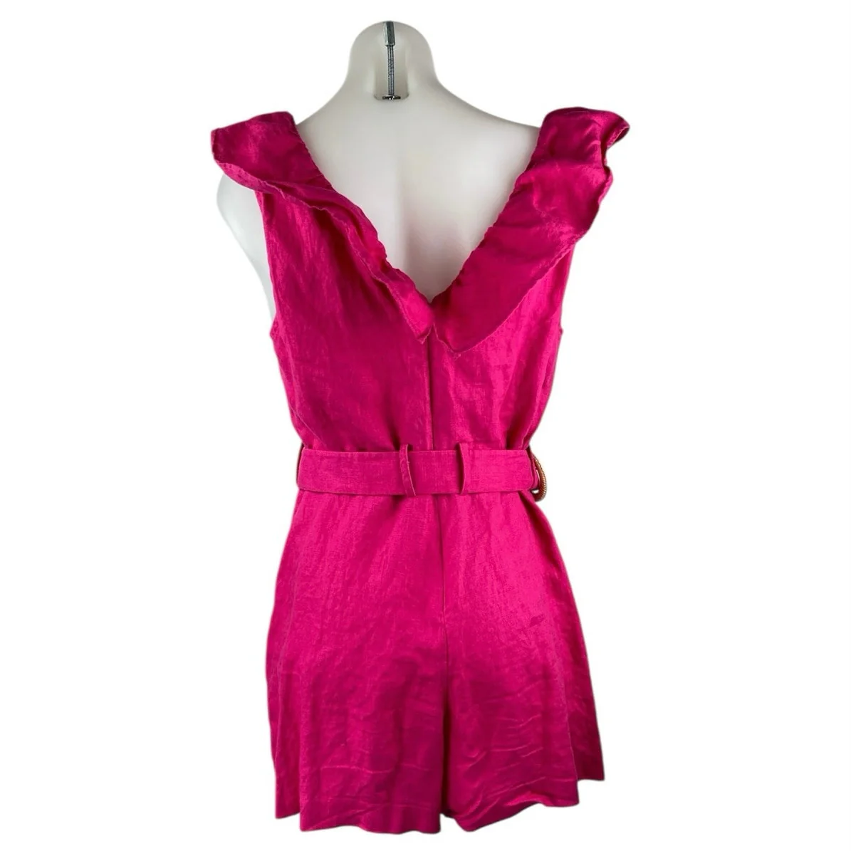 Mango MNG 100% Linen Pink Ruffle Belted V-Neck Sleeveless Jumpsuit Romper Size L - Image 2