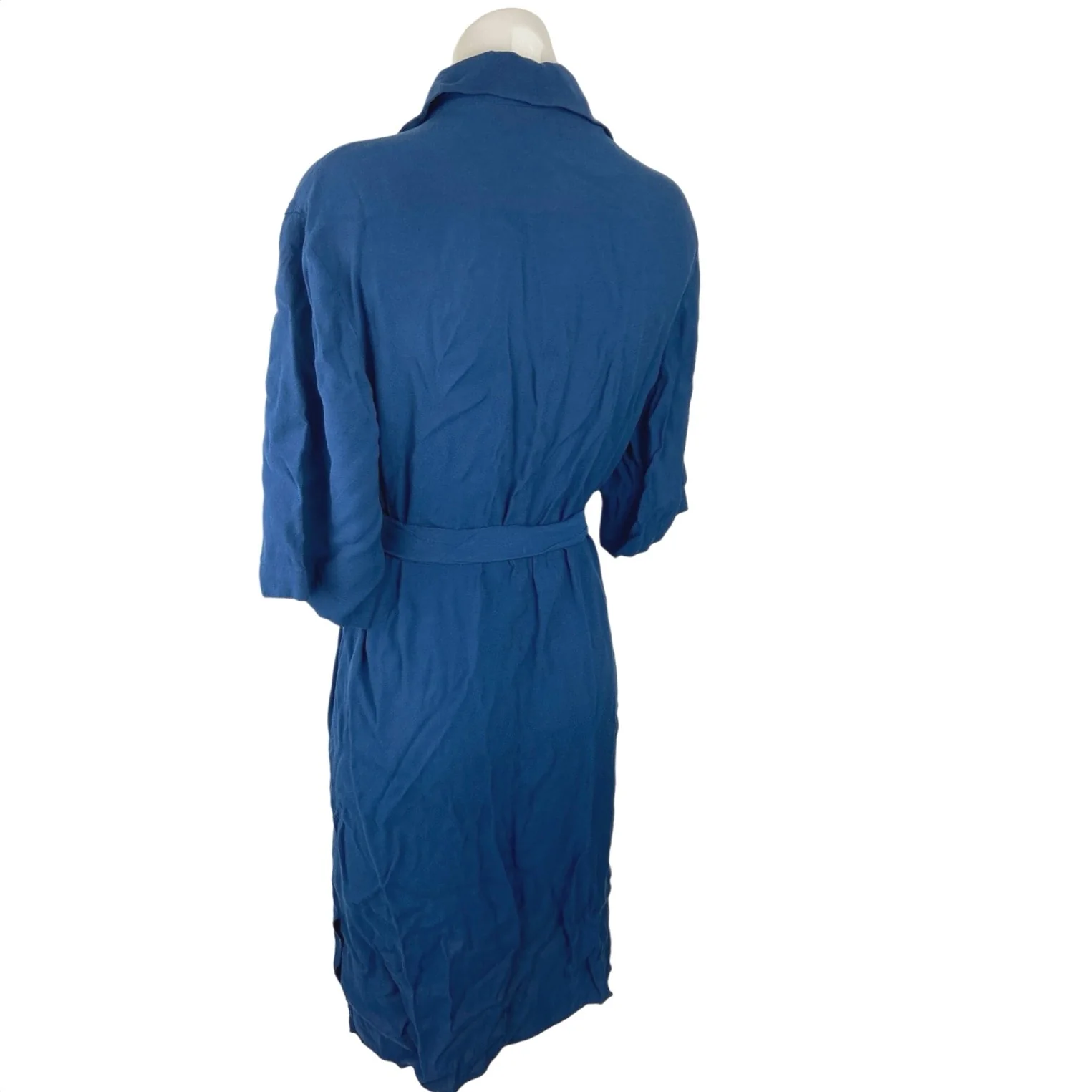 Mango MNG Blue Button Down Half Sleeve Tie Waist Belt Collar Shirt Dress Size L - Image 2