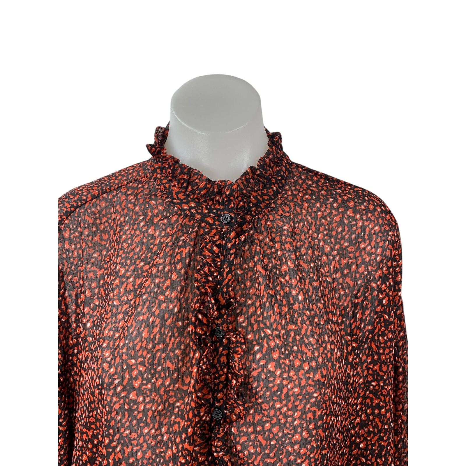 Mango MNG Brown Printed Ruffle Button Up Long Puff Sleeve Sheer Blouse Top Sz 4 - Image 2