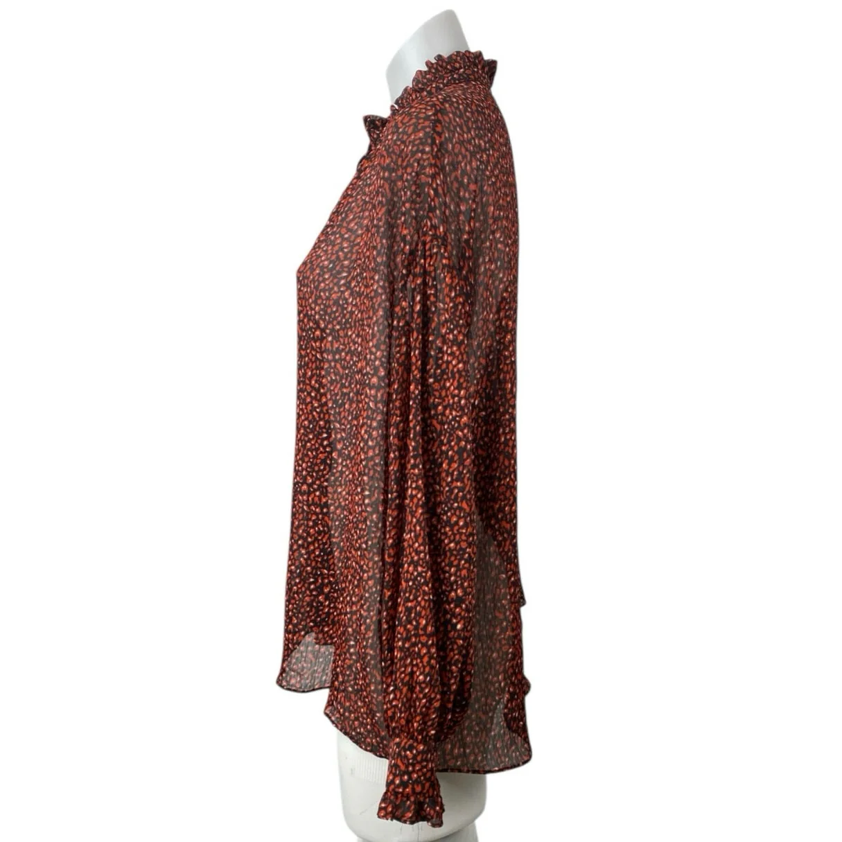 Mango MNG Brown Printed Ruffle Button Up Long Puff Sleeve Sheer Blouse Top Sz 4 - Image 3