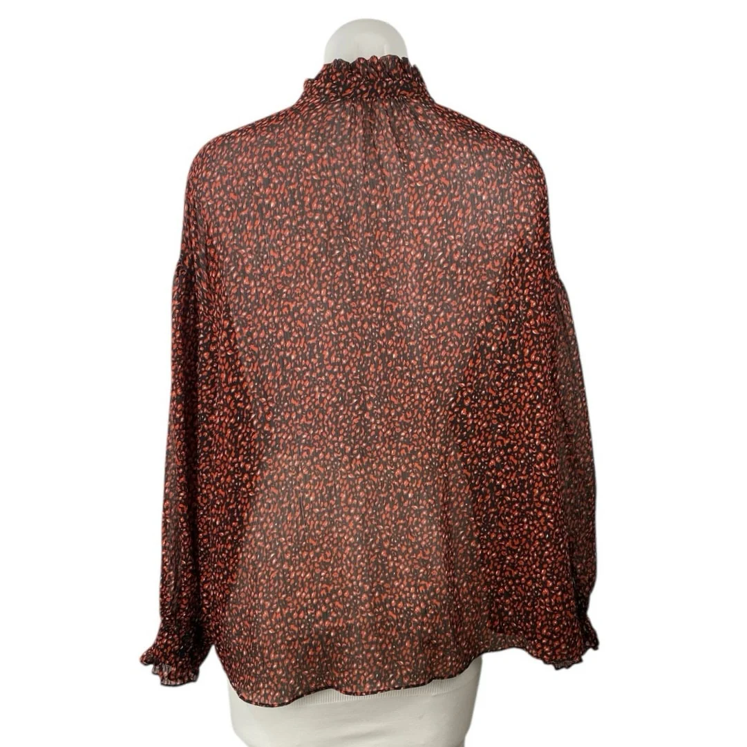 Mango MNG Brown Printed Ruffle Button Up Long Puff Sleeve Sheer Blouse Top Sz 4 - Image 4