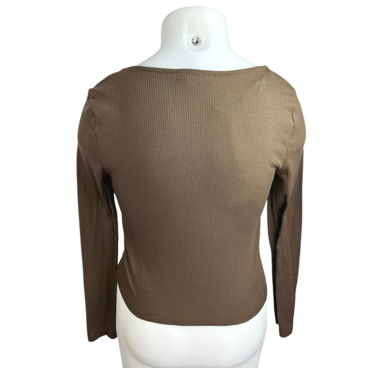 Mango MNG Brown Rib Knit Long Sleeve Ruched Knot Pullover Crop Sweater Top Sz XL - Image 2