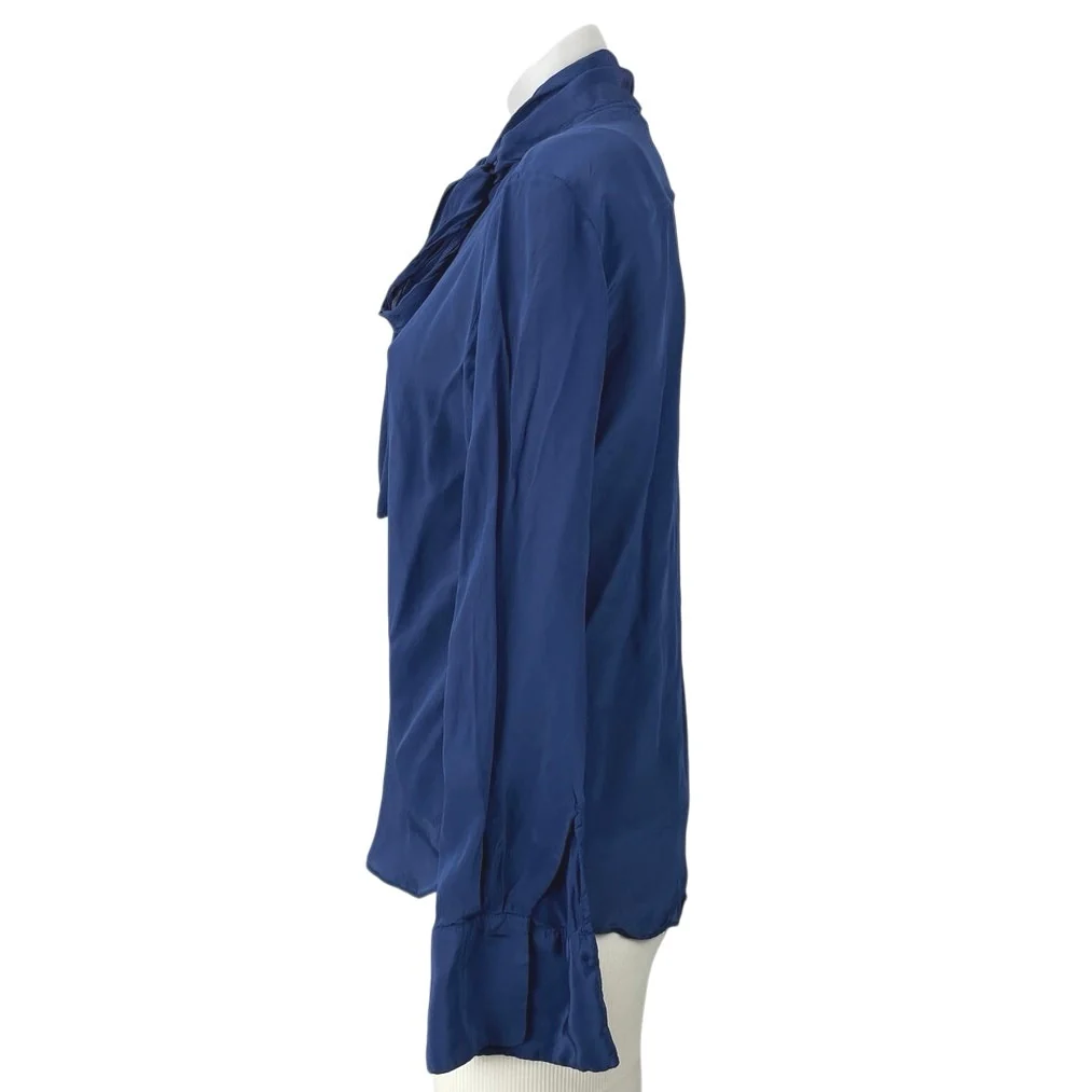 Mango MNG Women's Blue Satin Pussy Bow Tie Neck Long Sleeve Shirt Blouse Top 6 - Image 3