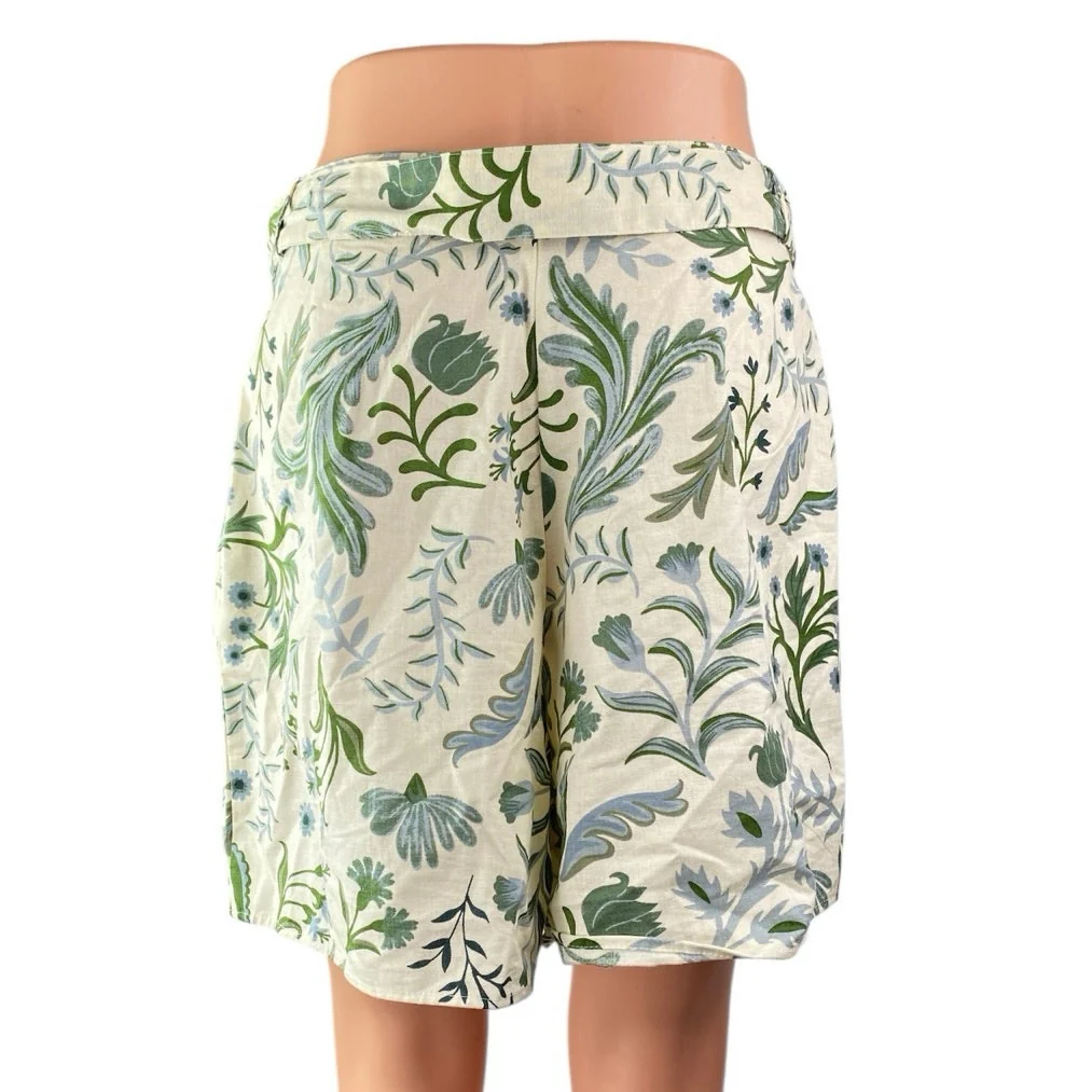 Mango MNG Women's Green White Floral Belted High Waisted Wide Leg Mini Shorts 8 - Image 2