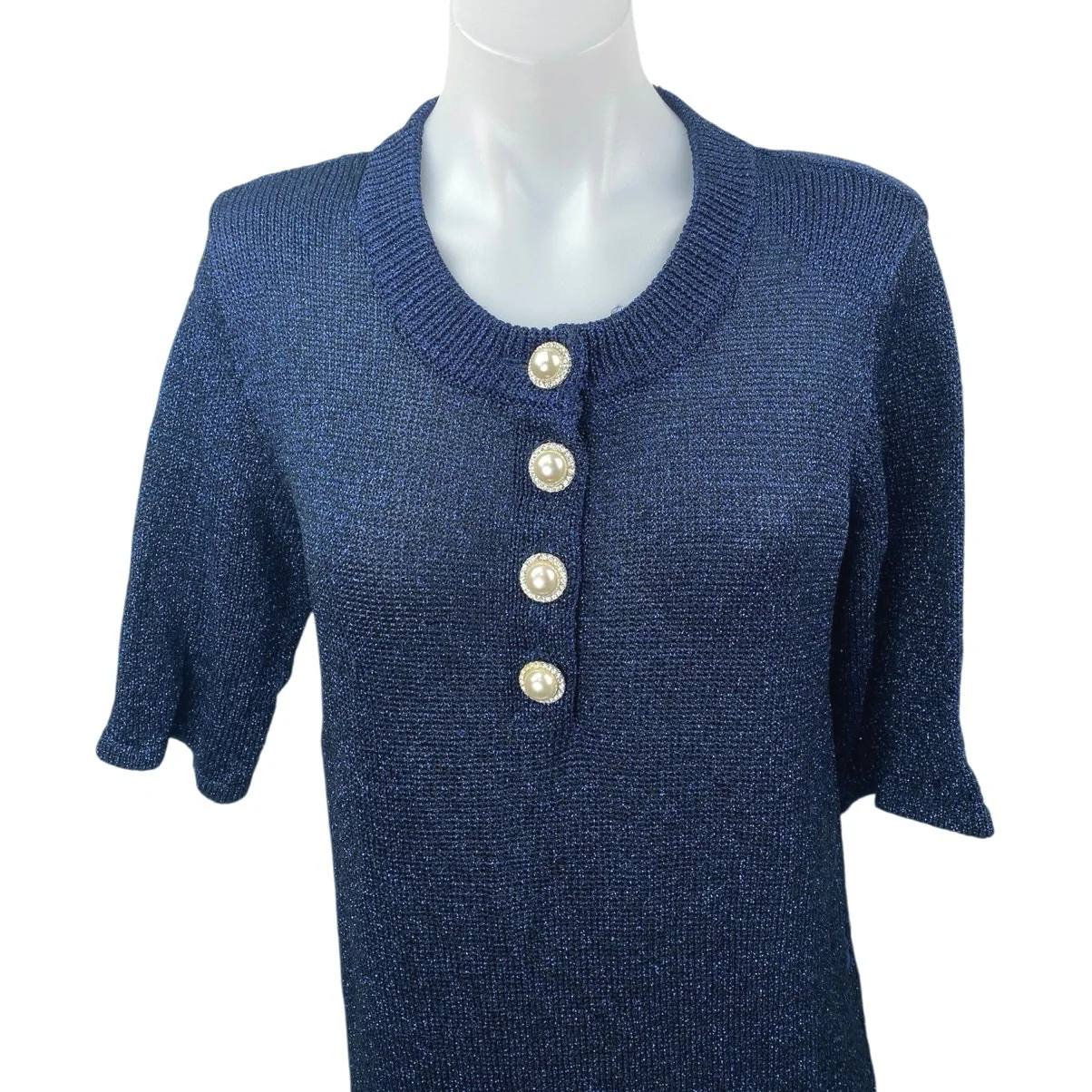 Manoush Blue Metallic Pearl Button Short Sleeve Knit Midi Sweater Shirt Dress L - Image 3