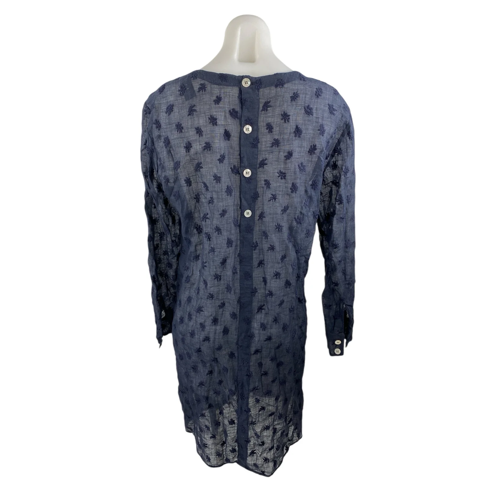 Mansur Gavriel Navy Blue Linen Floral Embroidered Long Sleeve Mini Shift Dress 8 - Image 2