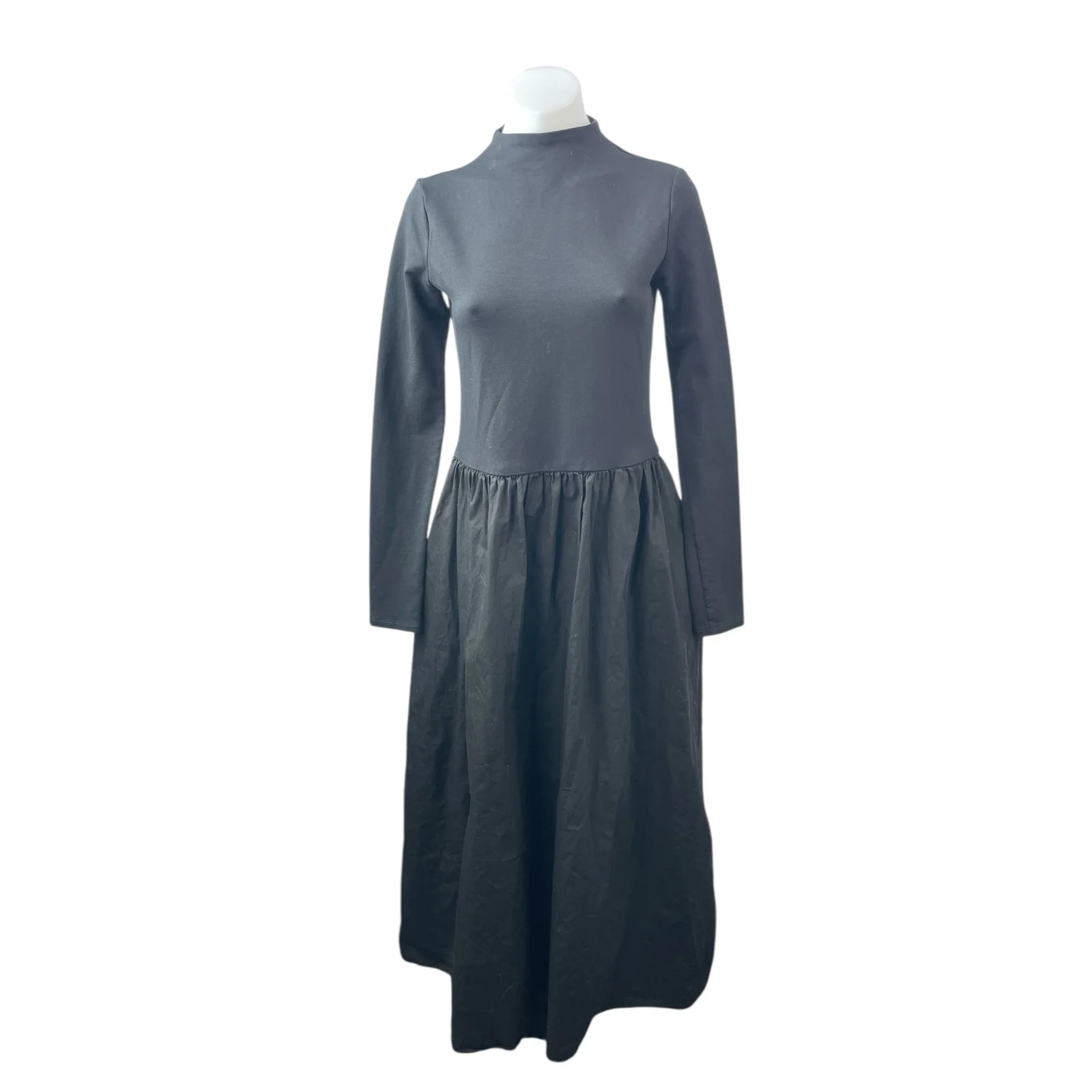 Marcella Women's Black Long Sleeve Mock Neck Pleated Fit & Flare Maxi Dress Sz M