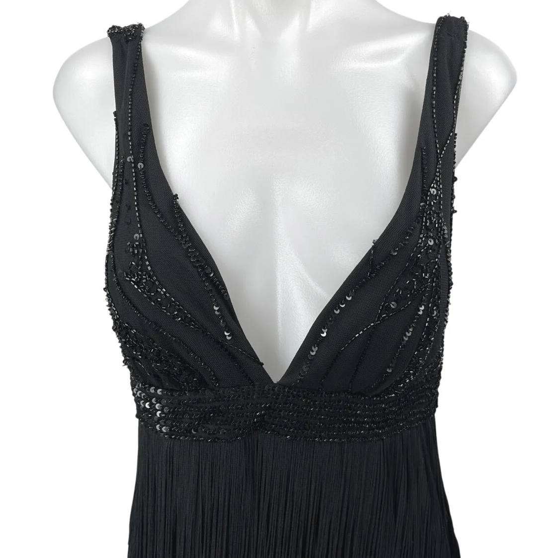 Marina Black Sequin Sleeveless Deep V-Neck Fringe Tank Sheath Mini Dress Size 10 - Image 3