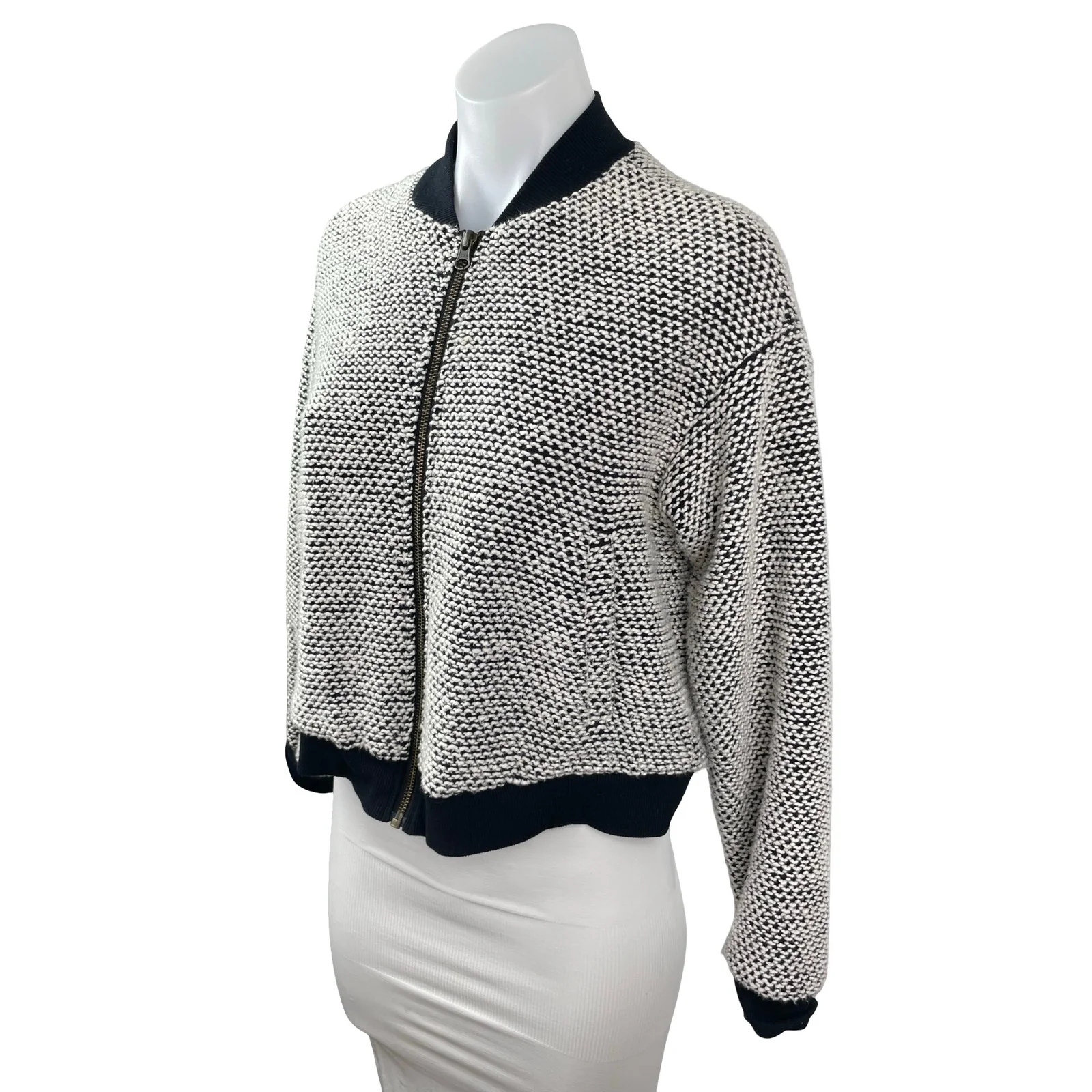 Marine Layer Birdseye Black White Full Zip Cropped Bomber Coat Jacket Size M - Image 2