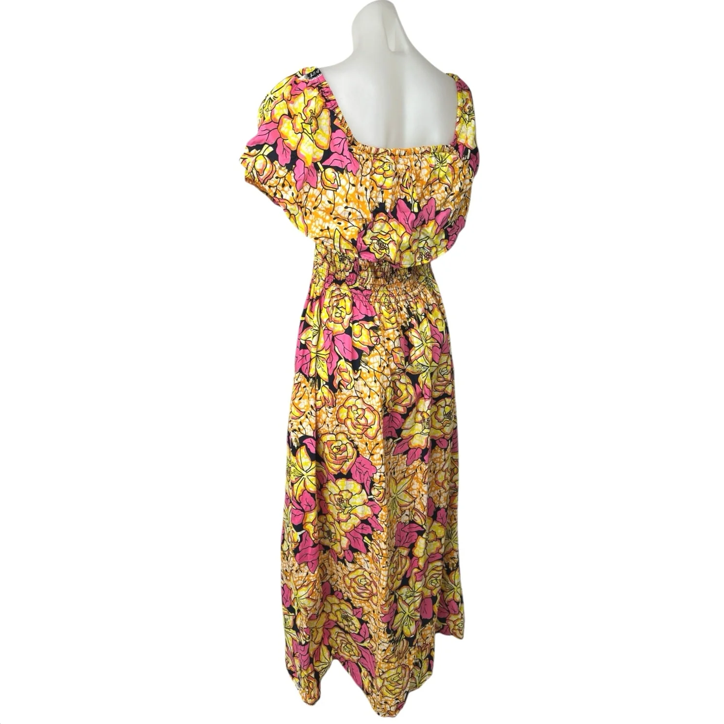 Marine Women's Yellow Pink Floral Tropical Smocked Waist A Line Maxi Dress Sz L - Image 2