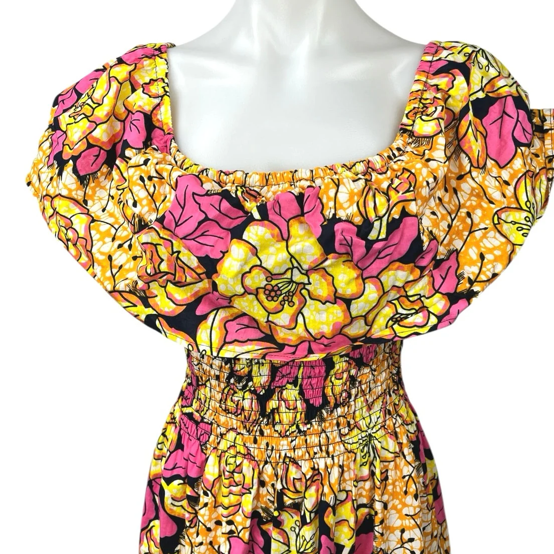 Marine Women's Yellow Pink Floral Tropical Smocked Waist A Line Maxi Dress Sz L - Image 3