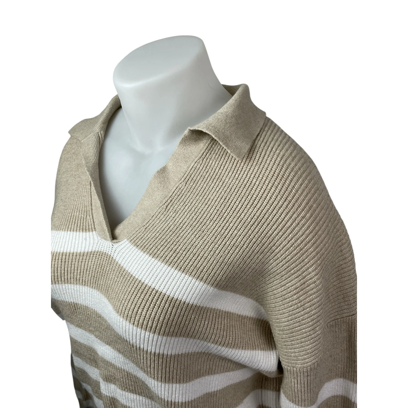 Marled Women's Beige White Striped Collared Long Sleeve Crop Polo Sweater Top XL - Image 3