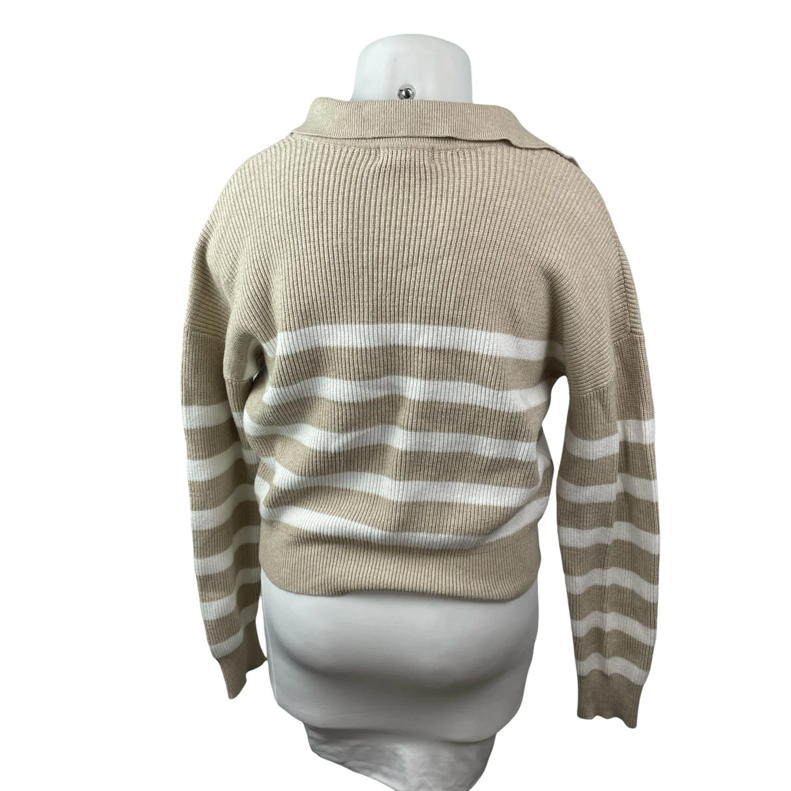 Marled Women's Beige White Striped Collared Long Sleeve Crop Polo Sweater Top XL - Image 4