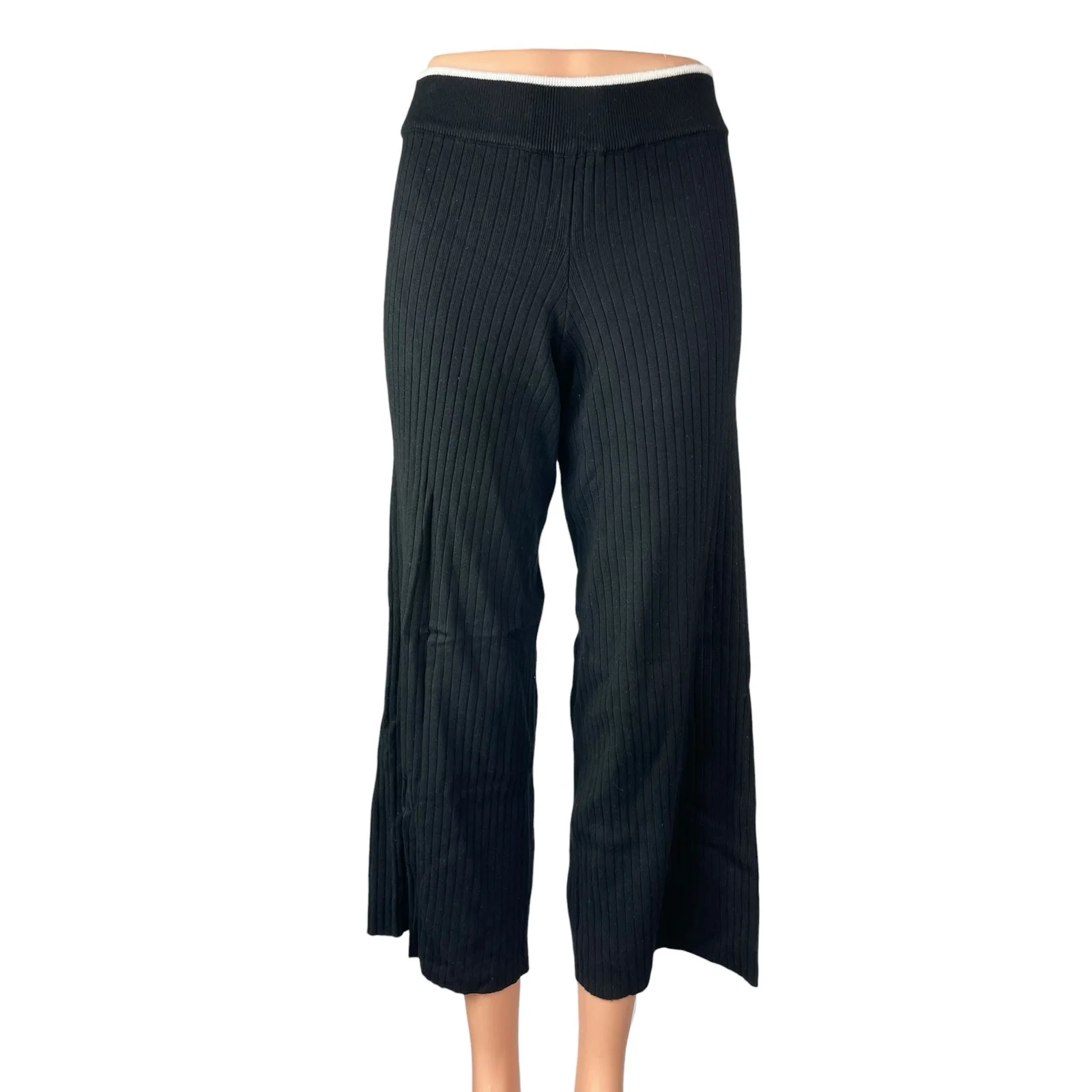 Marled Women's Black Ribbed Knit High Rise Wide Leg Cropped Trousers Pants Sz XS
