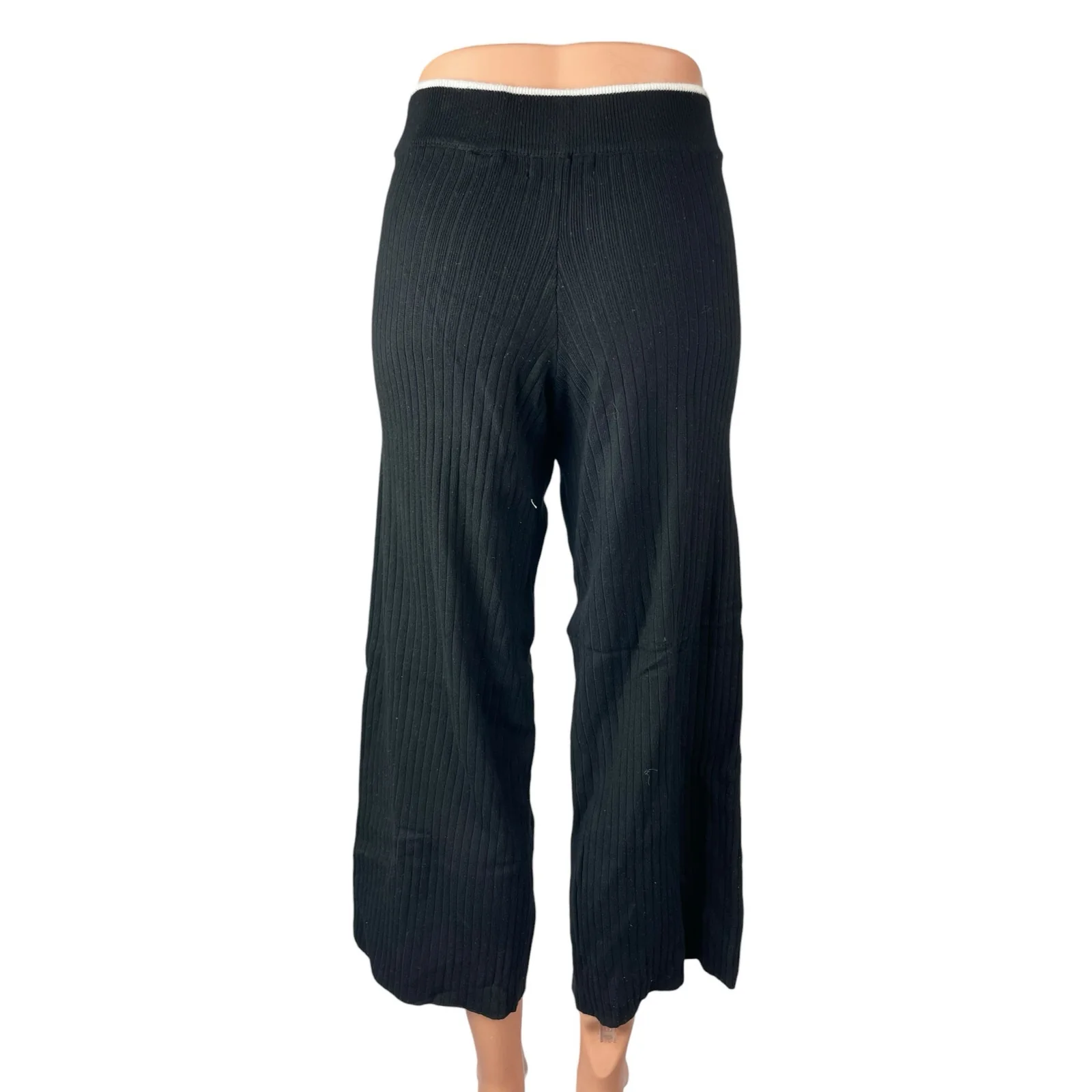 Marled Women's Black Ribbed Knit High Rise Wide Leg Cropped Trousers Pants Sz XS - Image 4