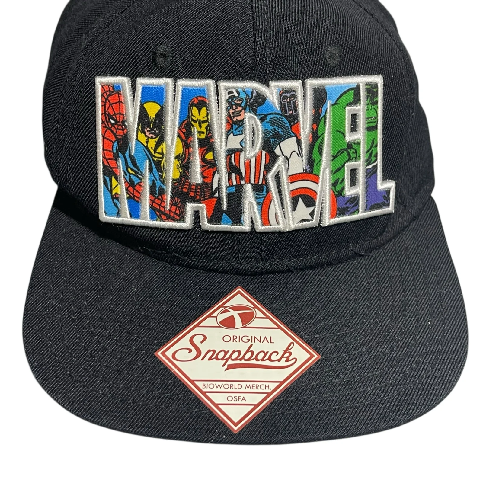 Marvel Avengers Character Black Embroidered Logo Snapback Baseball Cap Hat OS - Image 2