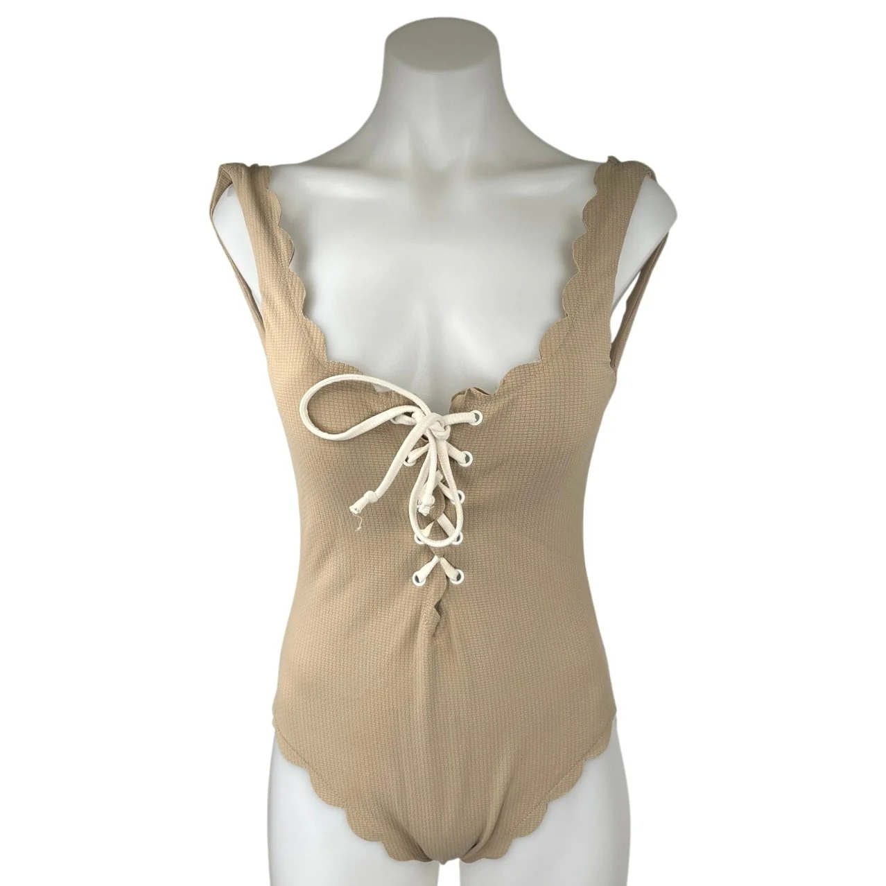 MARYSIA Broadway Tie Maillot Tan Lace Up Halter Scalloped One Piece Swimsuit S