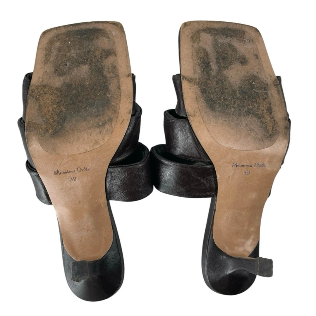 Massimo Dutti Black Ruched Leather Square Toe Flared Heels Mules Sandals Size 39 - Image 4