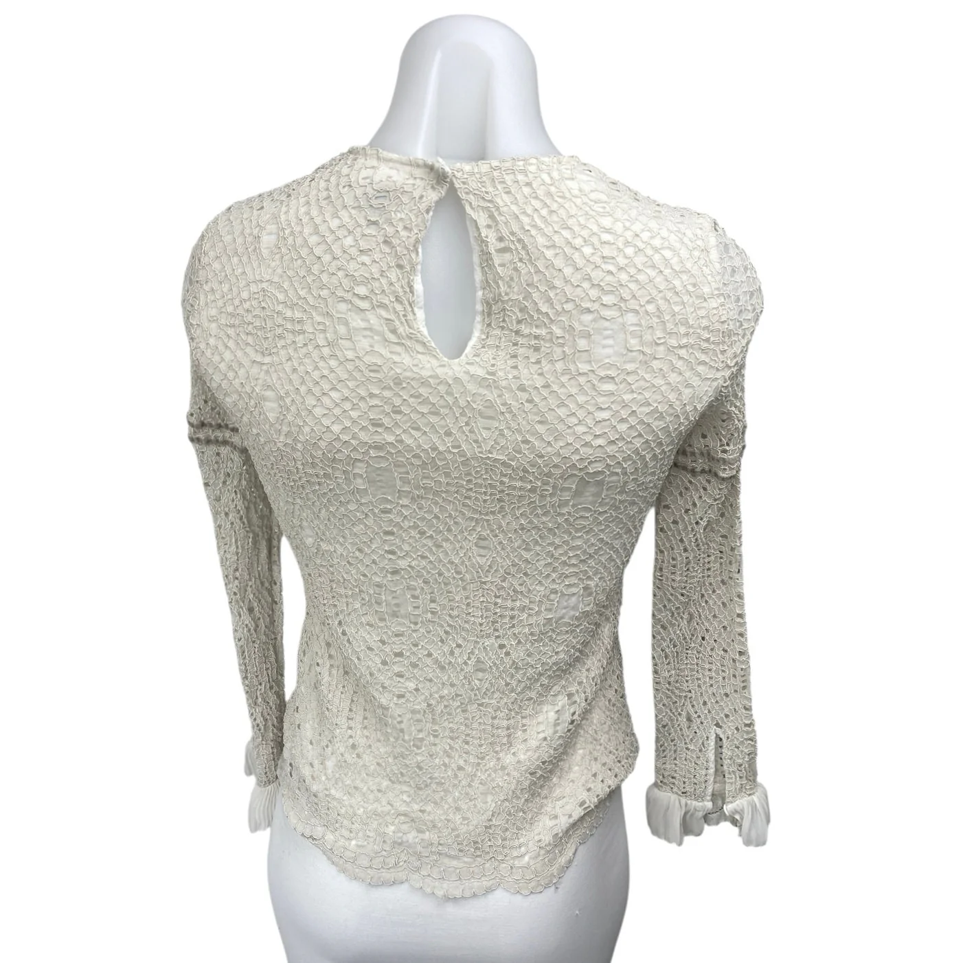 Massimo Dutti White Embroidered Mesh Ruffle Crew Long Sleeve Blouse Top Size 6 - Image 2