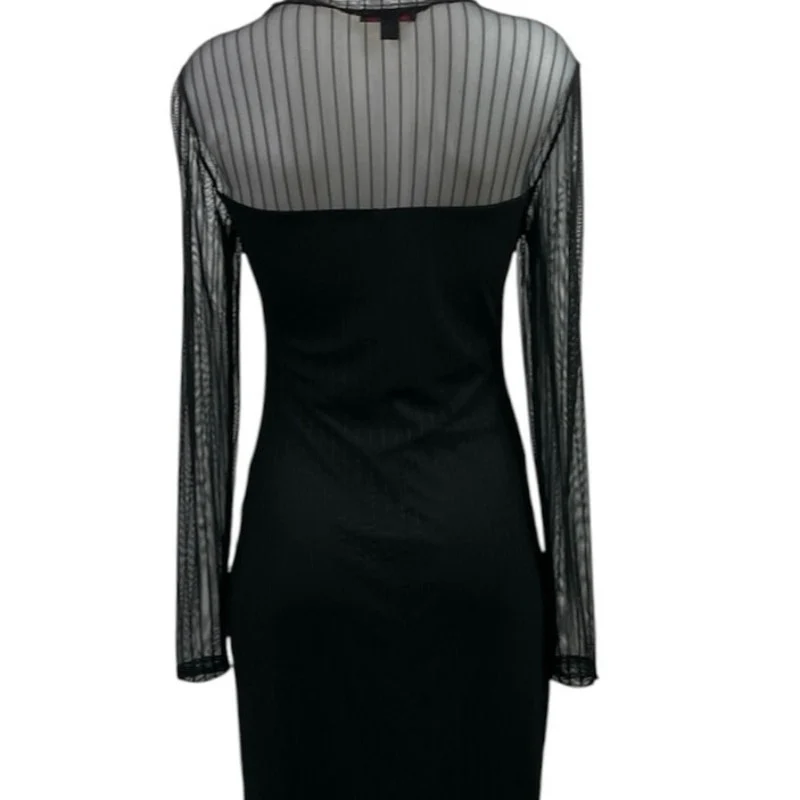Material Girl Black Long Sleeve Mesh Cutout Layered Midi Bodycon Dress Size M - Image 4
