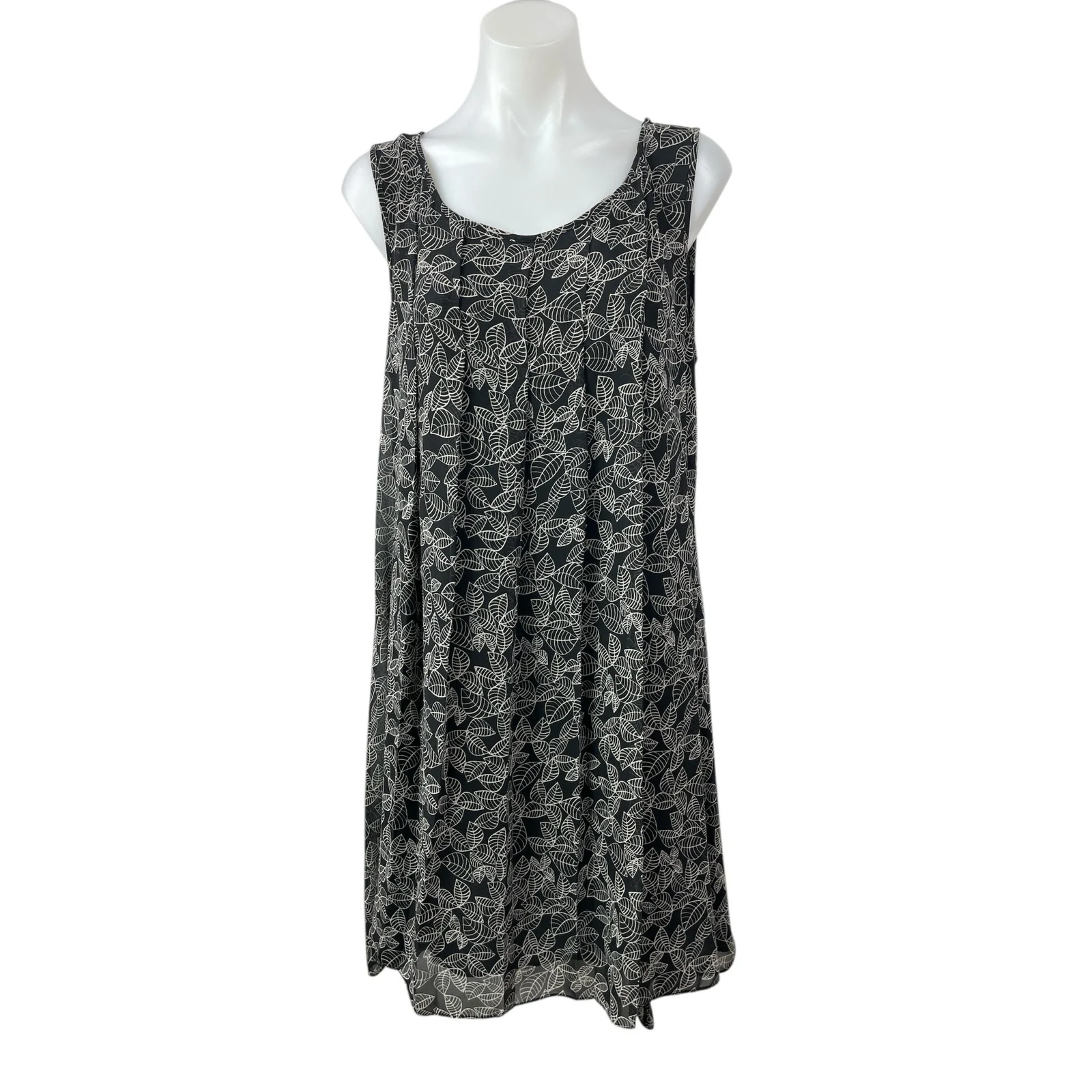 Max Studio Black Leaf Print Pleated Sleeveless Midi A-Line Tank Dress Size L