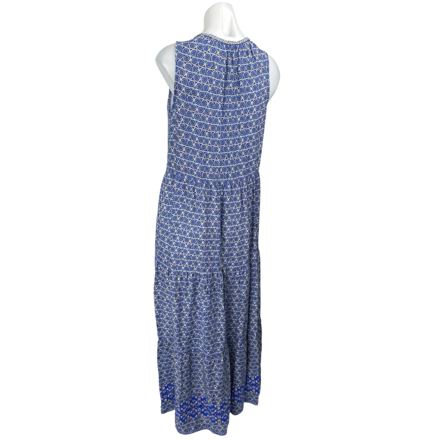 Max Studio Blue Geometric Print Sleeveless Tie V-neck Tiered Midi A-Line Dress S - Image 2