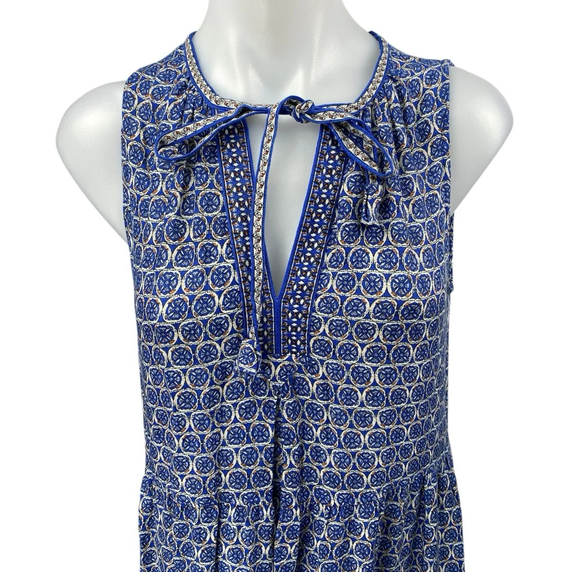 Max Studio Blue Geometric Print Sleeveless Tie V-neck Tiered Midi A-Line Dress S - Image 3