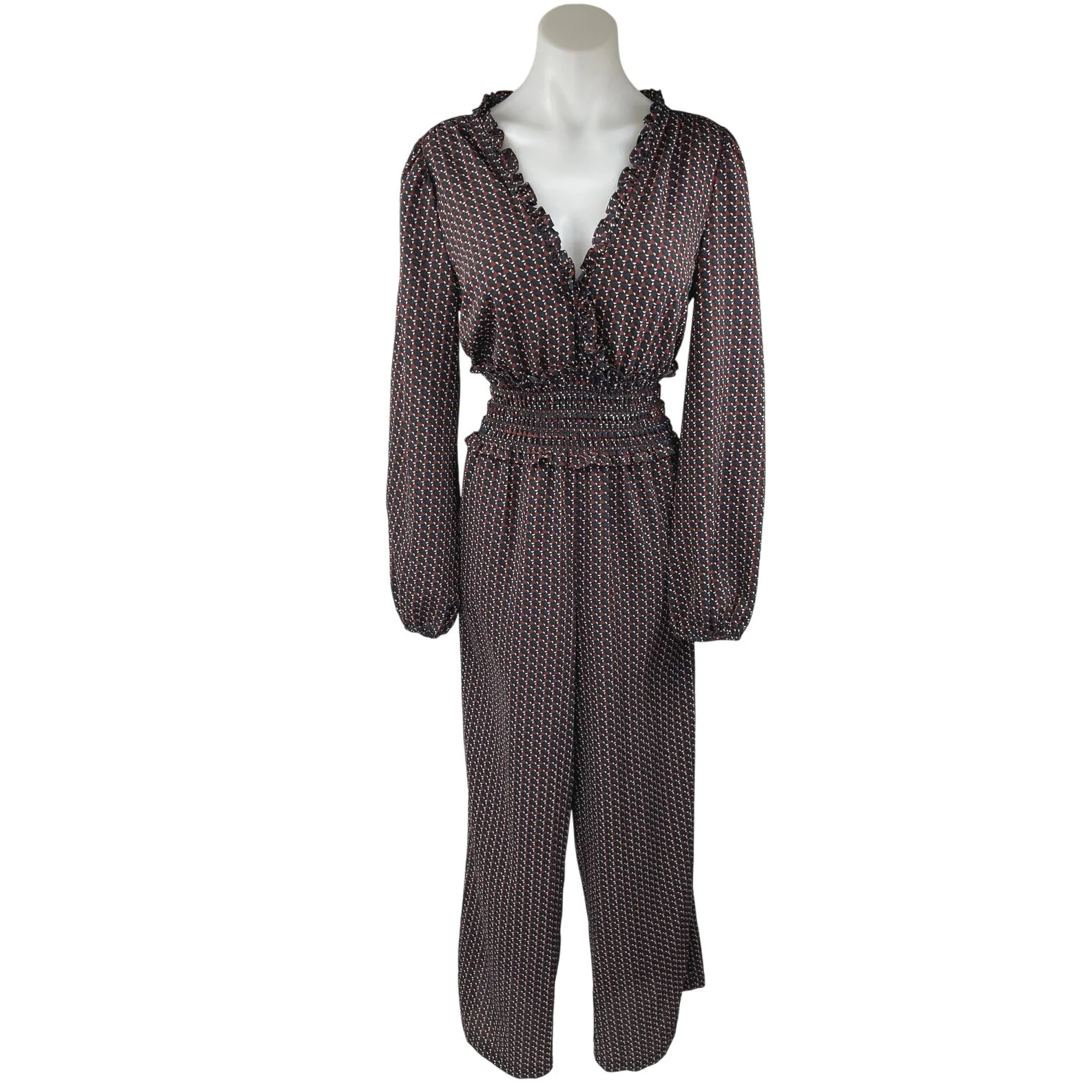 Max Studio Multicolor Geometric Long Sleeve Smocked Wide Leg Romper Jumpsuit M
