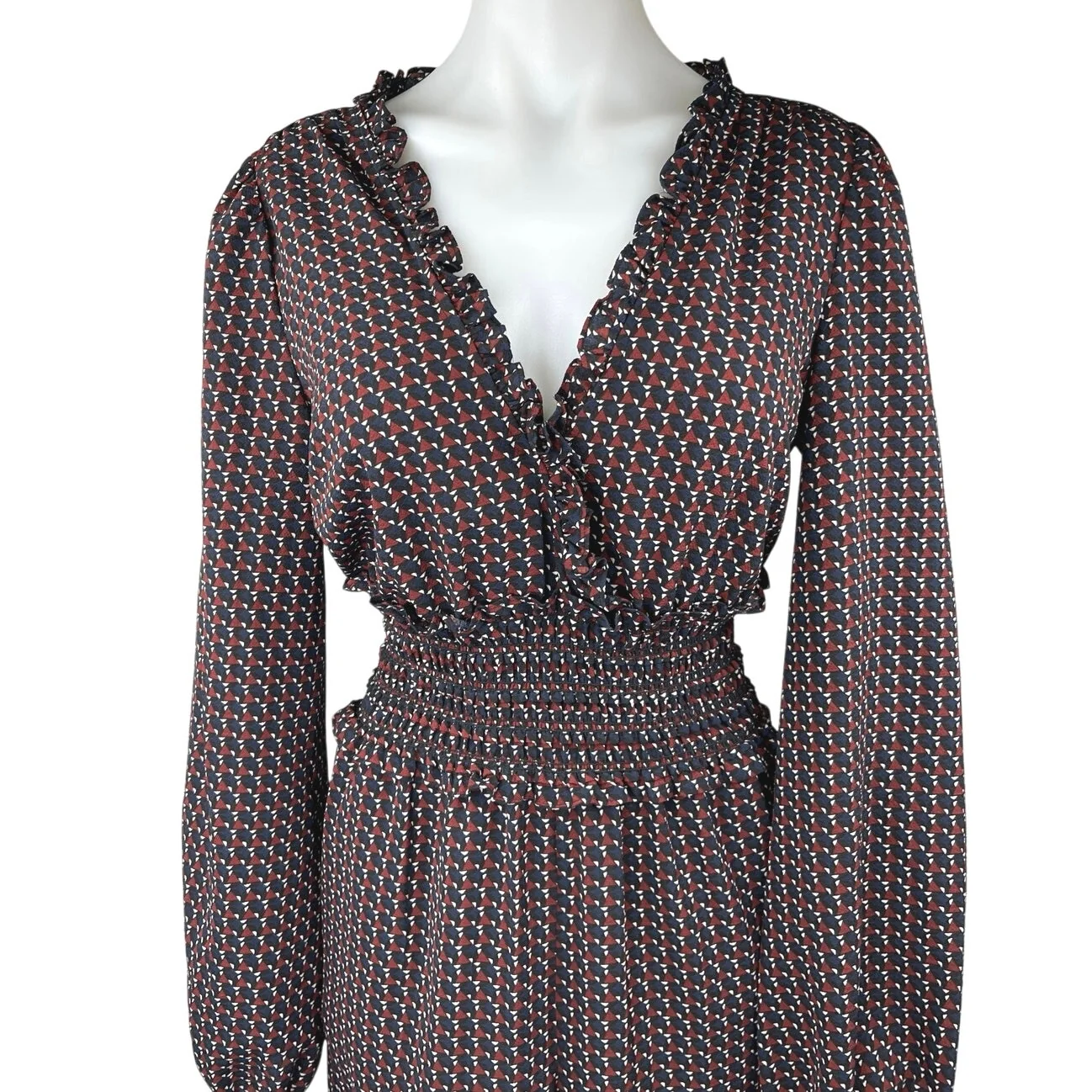 Max Studio Multicolor Geometric Long Sleeve Smocked Wide Leg Romper Jumpsuit M - Image 3