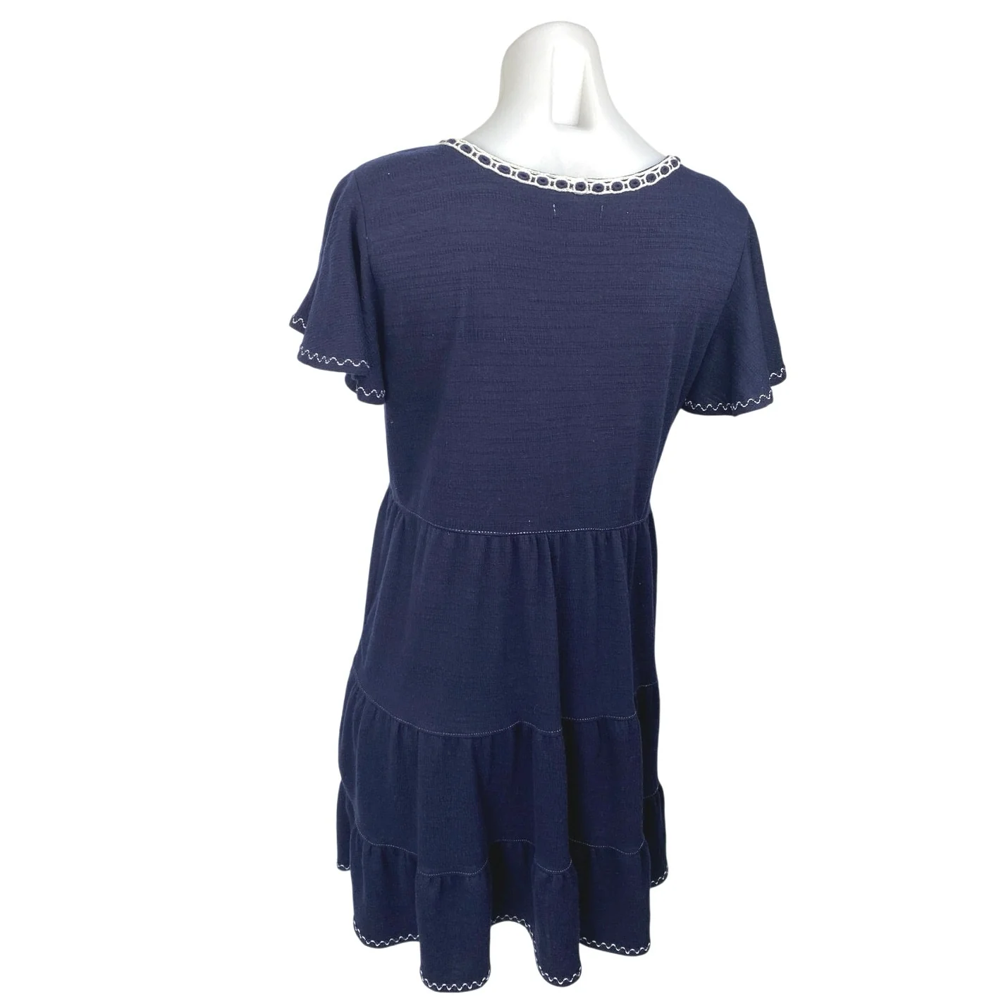 Max Studio Navy Blue Floral Embroidered Short Sleeve Tiered Mini Dress Size M - Image 2