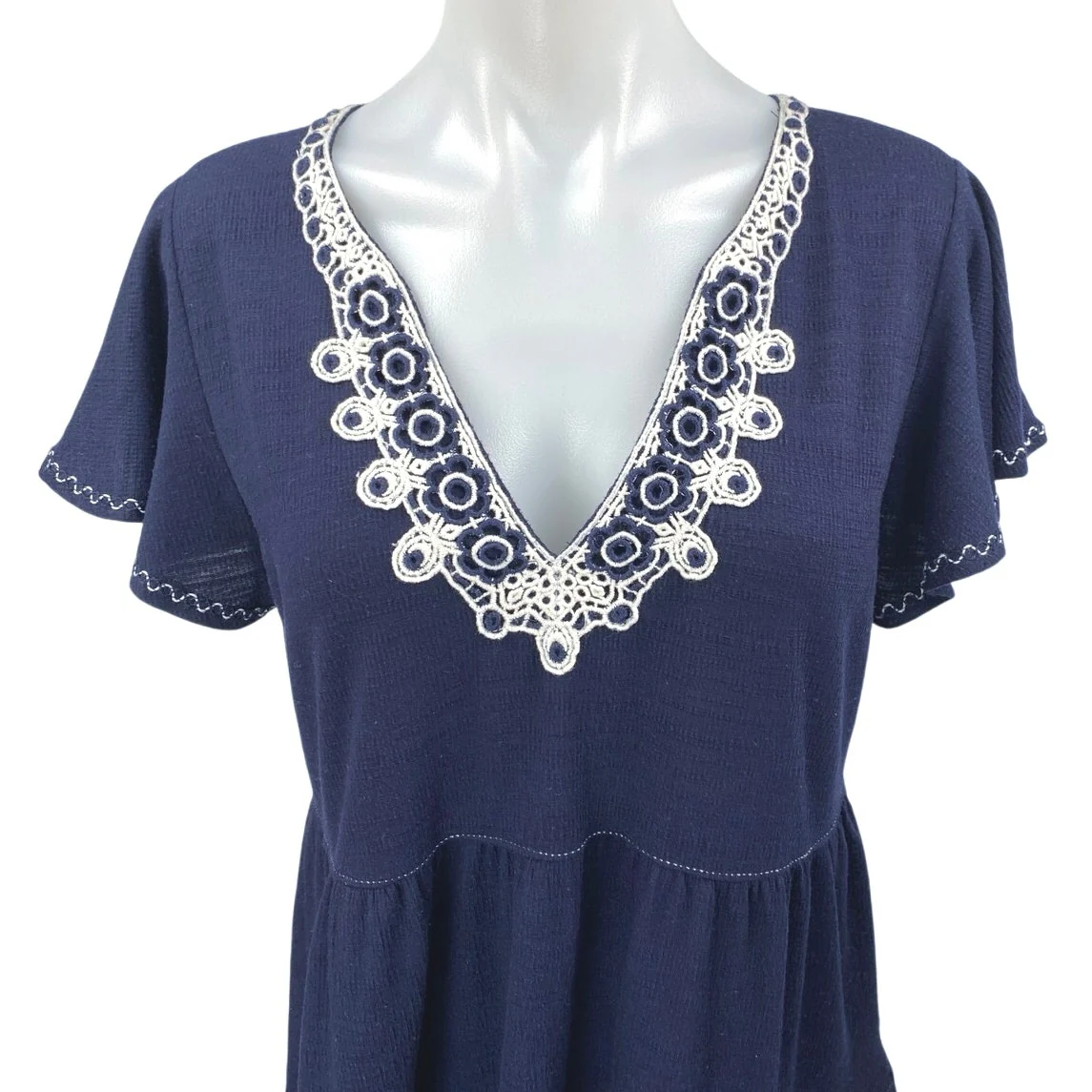 Max Studio Navy Blue Floral Embroidered Short Sleeve Tiered Mini Dress Size M - Image 3