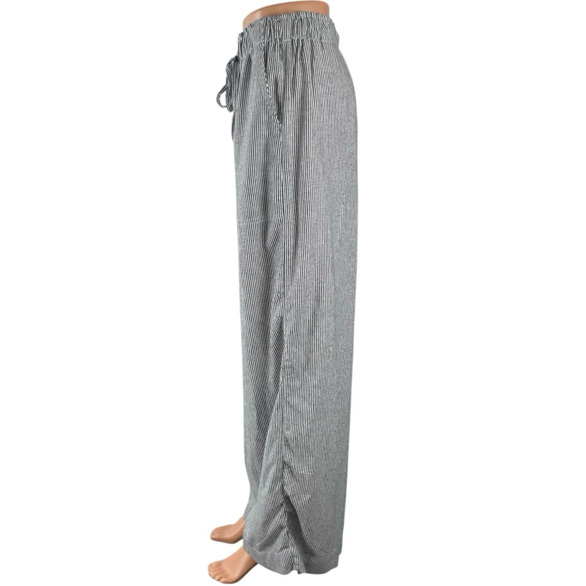 Max Studio Navy Blue Linen Striped High Rise Tie Wide Leg Trousers Pants Size S - Image 2