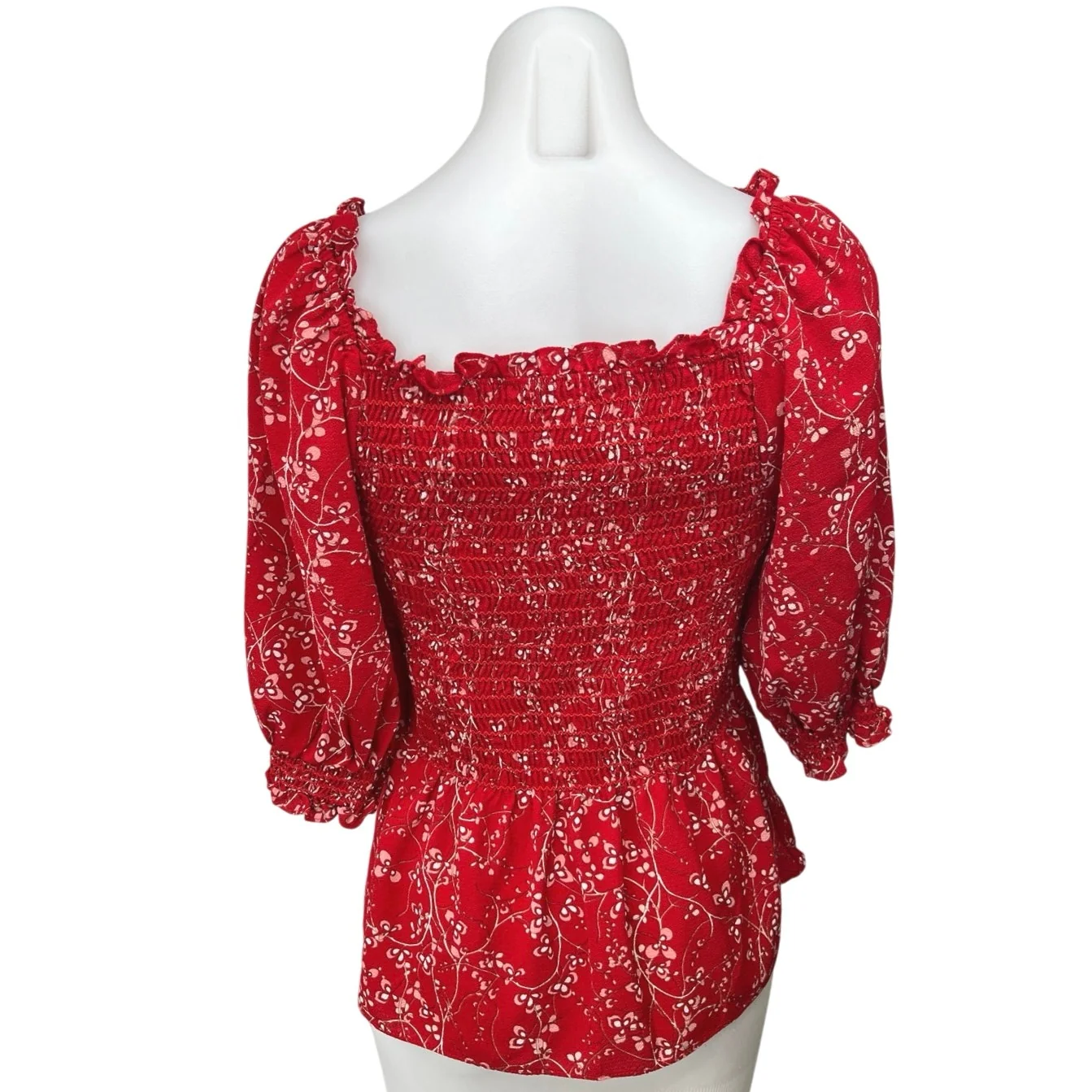 Max Studio Red Floral Ruffle Stretch 3/4 Sleeve Smocked Peplum Blouse Top Size M - Image 2