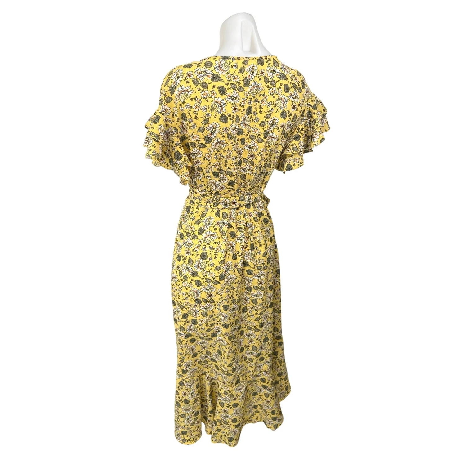 Max Studio Yellow Floral Ruffle Flutter Short Sleeve Hi-Low Midi Wrap Dress XS - Image 2