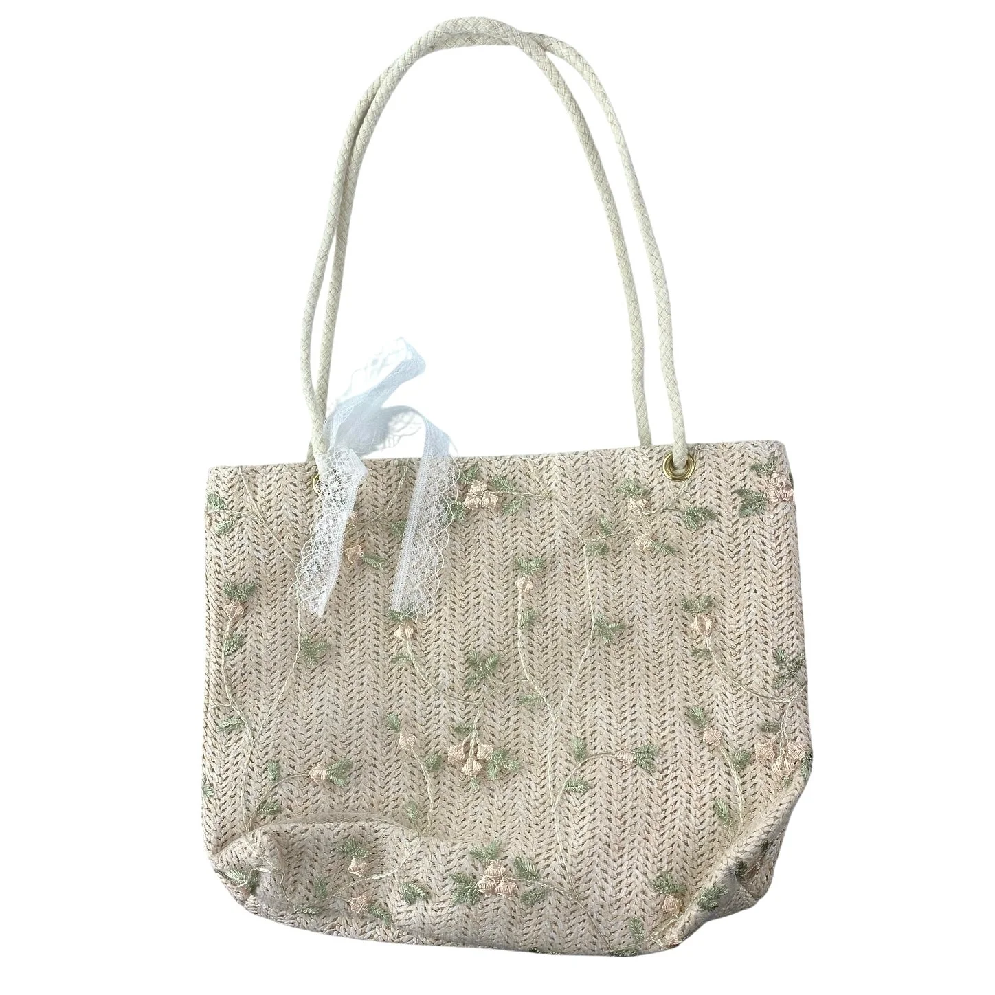 Mazeology Women's Cream Floral Embroidered Straw Lace Shoulder Bag Tote Handbag
