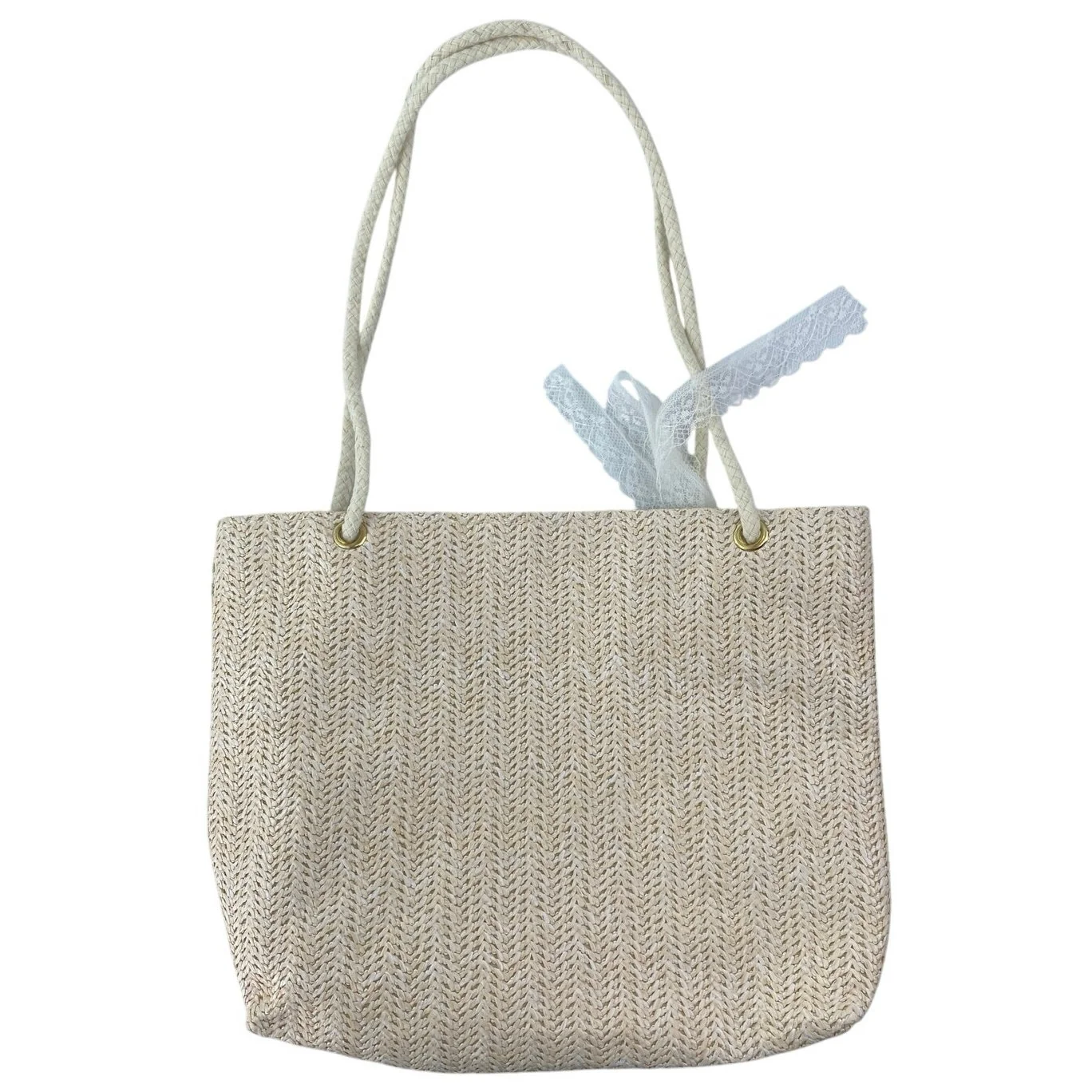 Mazeology Women's Cream Floral Embroidered Straw Lace Shoulder Bag Tote Handbag - Image 2