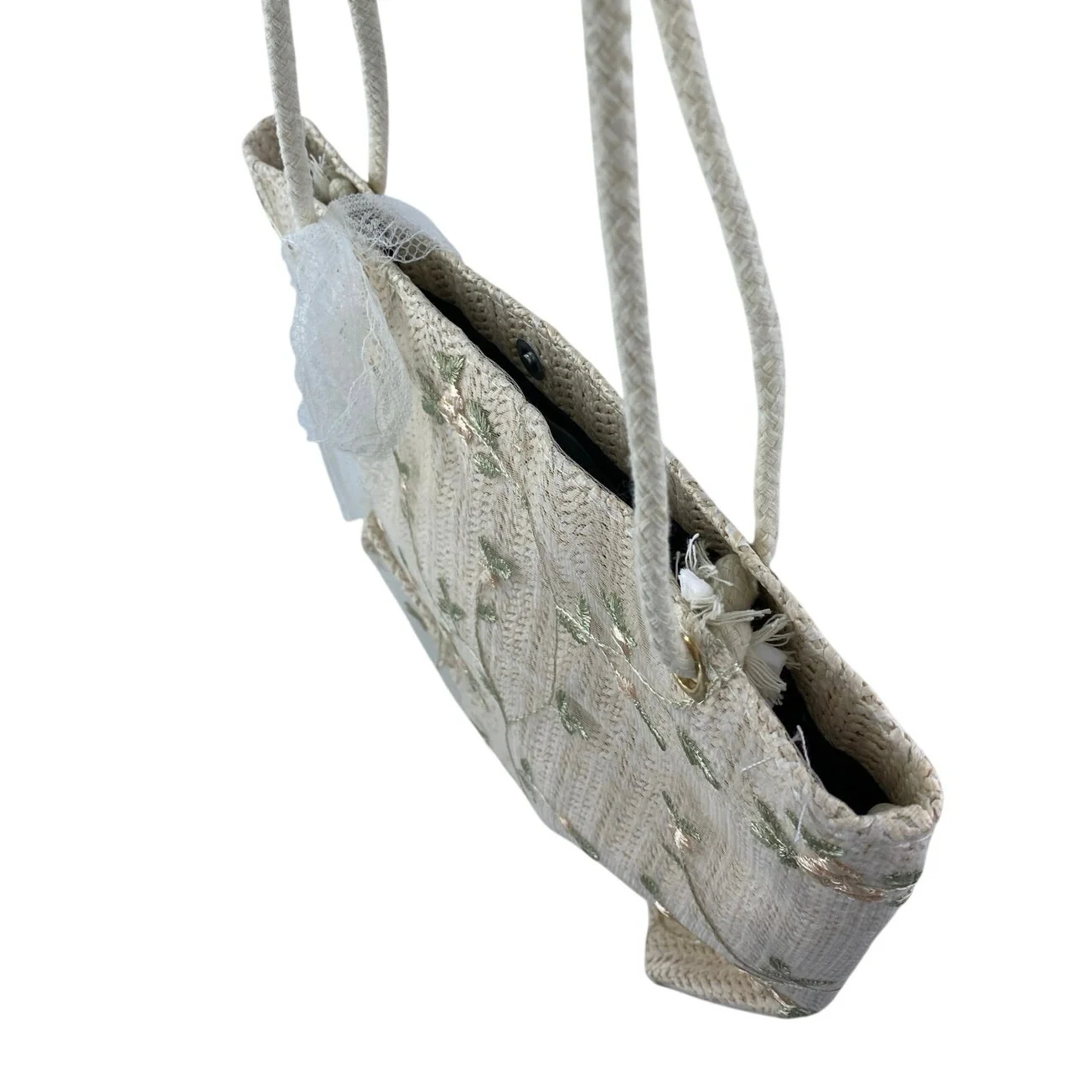 Mazeology Women's Cream Floral Embroidered Straw Lace Shoulder Bag Tote Handbag - Image 3