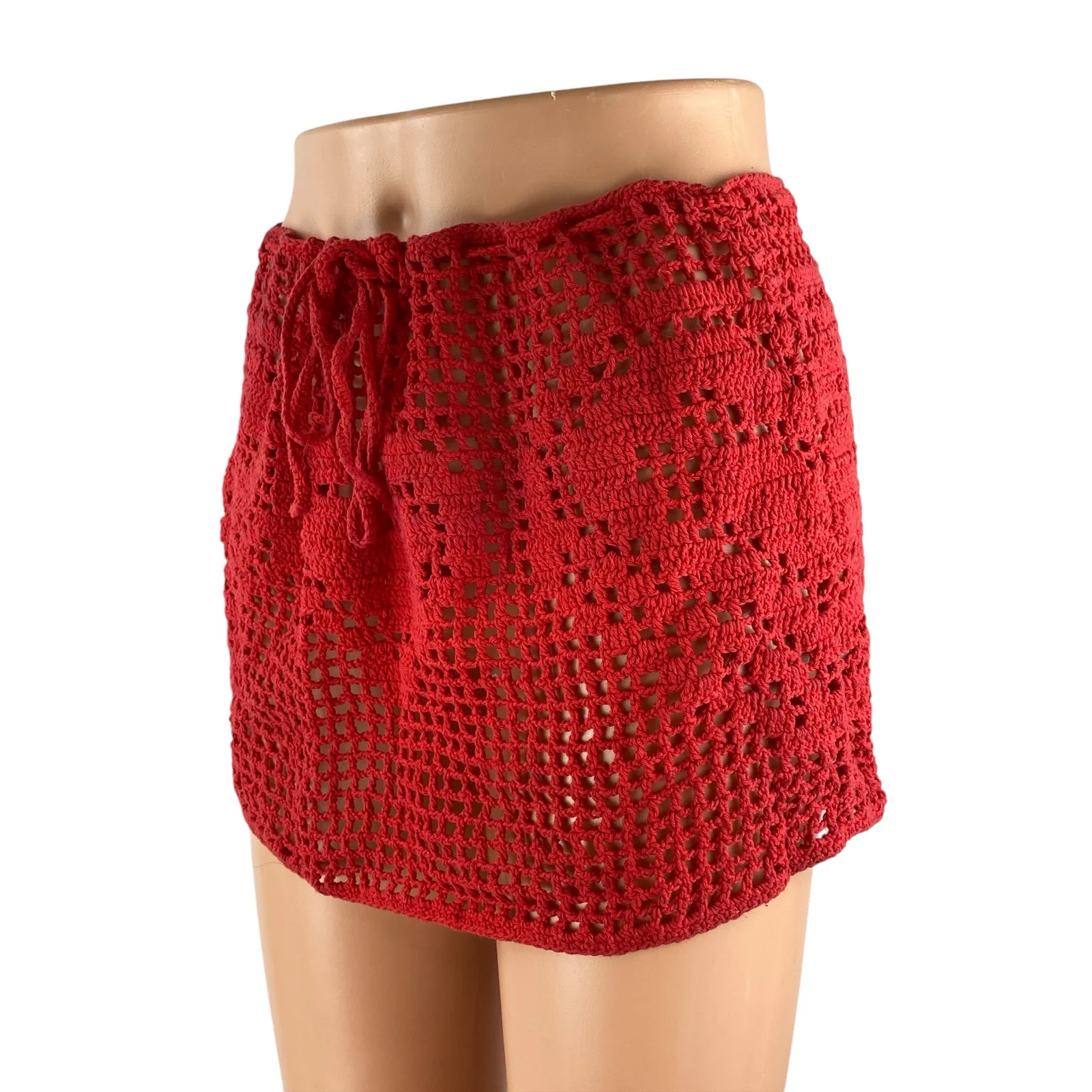 Memorial Day Red Open Crochet Knit Heart Tie Beach Cover Up Mini Skirt Size 2 - Image 2