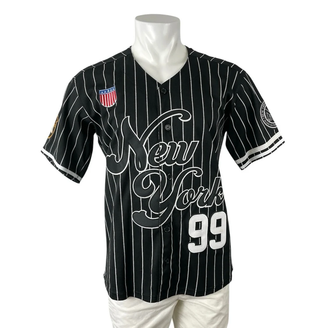 Men's Black White Striped New York 99 Short Sleeve Button Down Jersey Top Size S