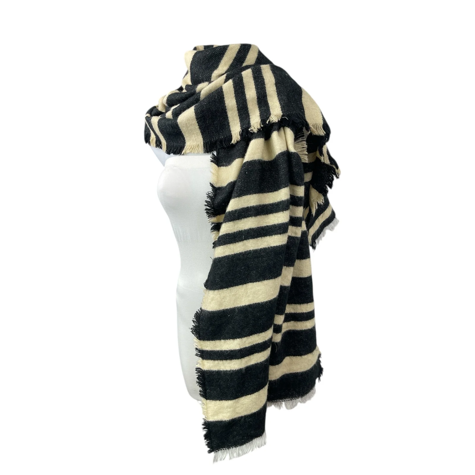 Merona Women's Black Cream Striped Fringe Warmer Winter Wrap Neck Scarf OS