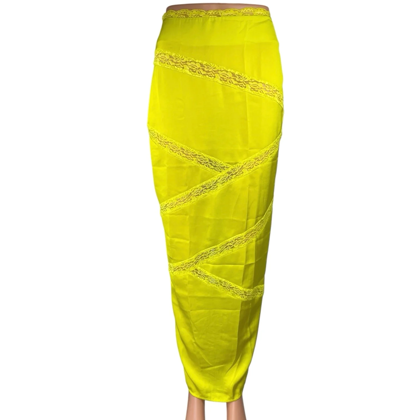 Meshki Neon Yellow Silk Satin Lace Trim Straight Pencil Maxi Slip Skirt Size XXS