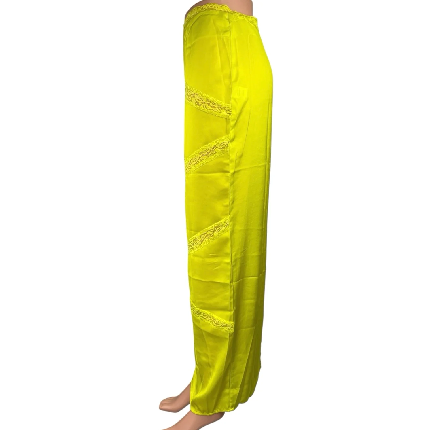 Meshki Neon Yellow Silk Satin Lace Trim Straight Pencil Maxi Slip Skirt Size XXS - Image 2