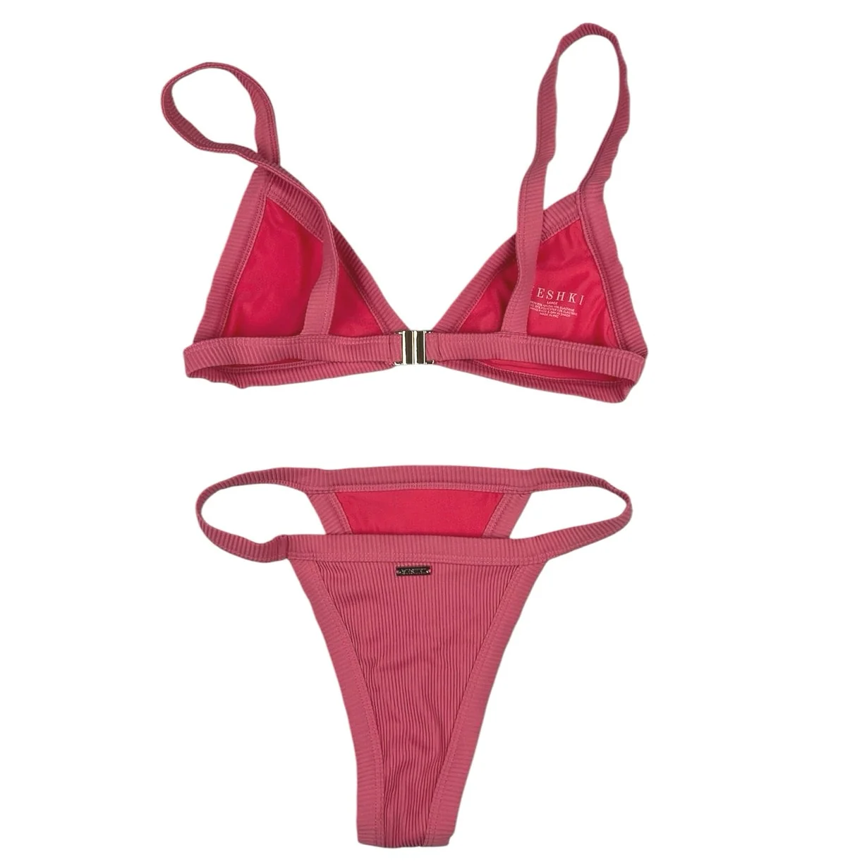 Meshki Pink Ribbed Knit 2 Piece Beach Swimsuit Swimwear Bikini Set Size L & M - Image 2